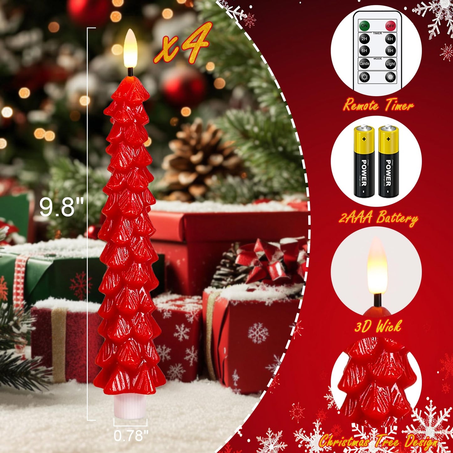 KunSwenn Christmas Tree Candles Battery Operated, Red Waxy Christmas Tree Flameless Taper Candles with Remote Timer, Set of 4 LED Flameless Candlesticks for Xmas Holiday Home Winter Decor(0.78”x9.8”)