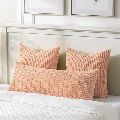 Fancy Homi Peach Long Body Lumbar Lumbar Decorative Throw Pillow Covers 14x36 Inch for Bed Couch Bedroom Bench, Soft Corduroy Rectangle Solid Pillow Case, Rustic Farmhouse Boho Room Decor