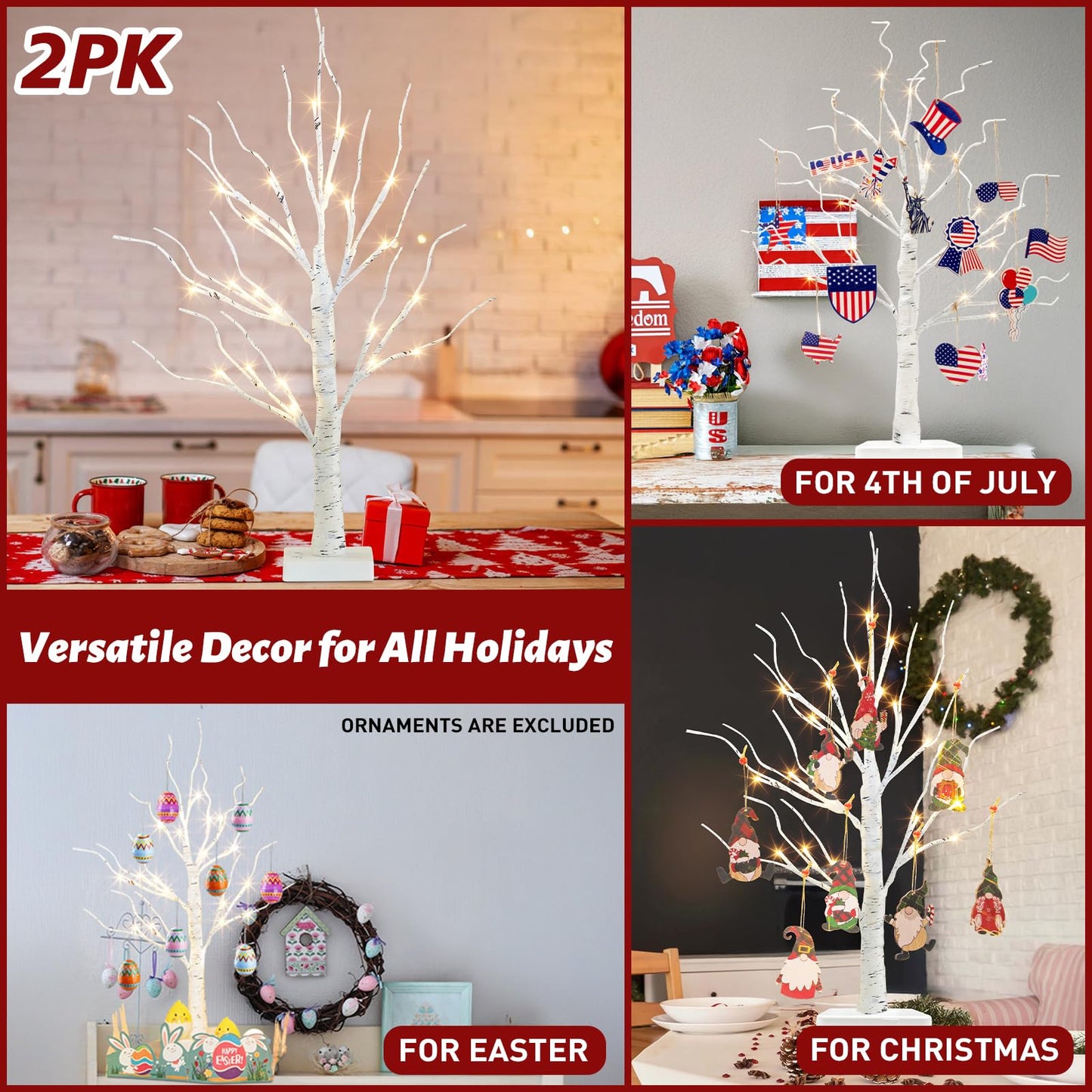 PEIDUO Home Decor, 2FT Birch Tree with LED Lights, Warm White Light up Tree Lamp, Artificial Trees for Home Table Inside, Battery Powered, Timer (2PK)
