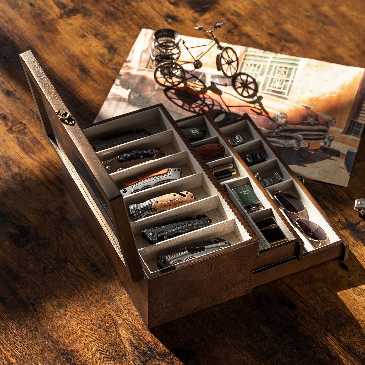 Yoimori Knives Display Box, 3-Layer Pocket Knives Box Display & Storage Knives, Solid Wood Knives Box for Collections, Gift for Boyfriend Fathers Day Birthday Gifts(Walnut)