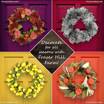 Fraser Hill Farm 24" Christmas Snow Covered Wreath Door Hanging with Glitter Ornaments, Leaves, and Berries, Artificial Holiday Hanging Decoration for Door, Wall, Mantel