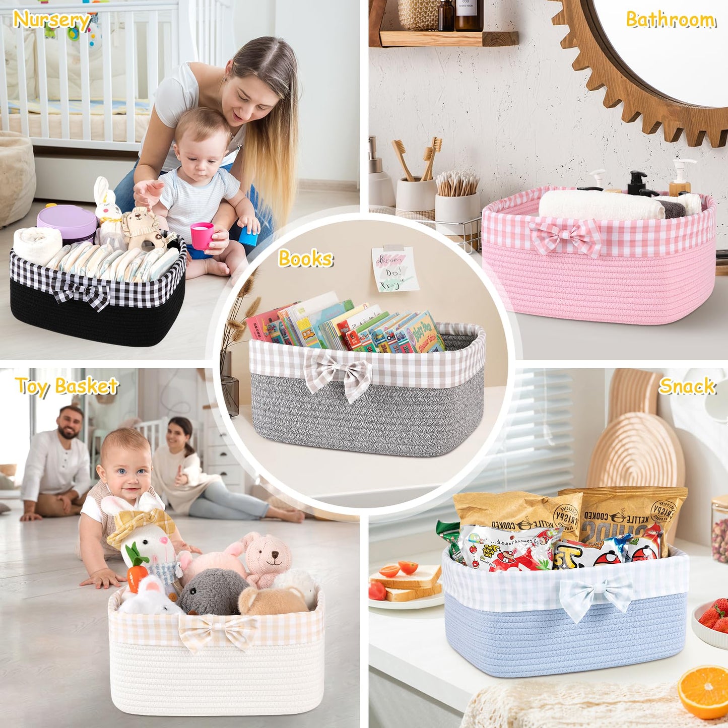 OIASKET Basket for Gifts Empty, Large Gift Basket 13L with Gift Bag and Ribbon, Woven Cotton Basket for Baby Showers, Birthday, Wedding, Mother's Day, 13.58"x10"x5.9", Black
