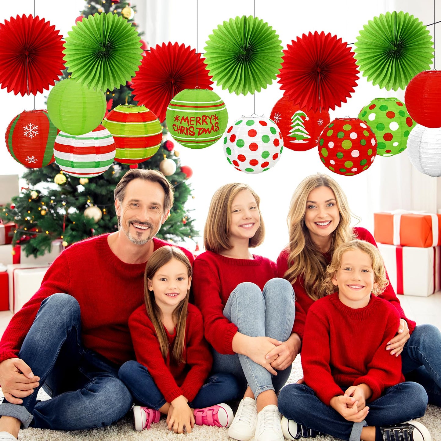 JarThenaAMCS 18Pcs Christmas Paper Lantern Set Red Green Hanging Lanterns with Paper Fans for Xmas Home Party Decoration
