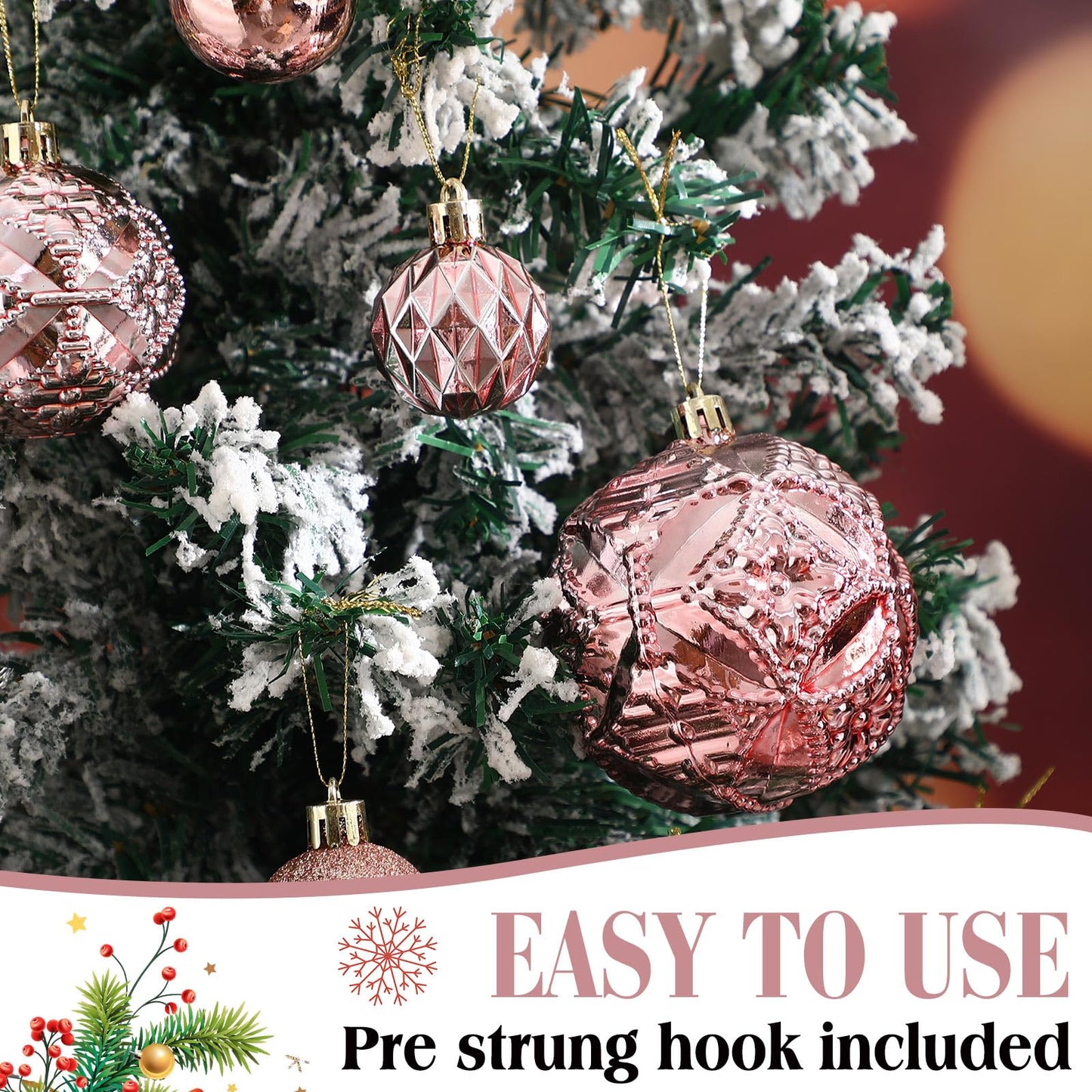 Soulchen 46 Pcs Rose Gold Christmas Balls Ornaments Set, 3.94/3.15/2.36/1.57 Inch Shatterproof Christmas Tree Hanging Plastic Balls Xmas Ornaments Decor for Xmas Tree Wreath Party Decoration Supplie