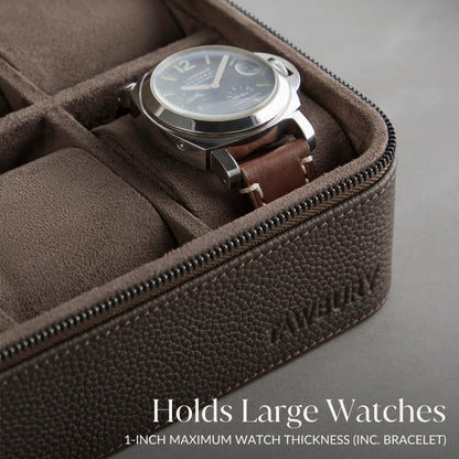 TAWBURY Watch Case - 4 Slot Genuine Top-Grain Leather Watch Box for Men & Women with Extra Wide Pillows for Large Watches - Portable Wristwatch Storage for Home & Travel (Brown)