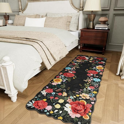 Kitchen Rug Runners for Hallways: 2x6 Washable Runner Rugs for Kitchen Ultra Thin Stain Resistant Non Slip Low Pile Lightweight Vintage Floral Carpet for Laundry Room, Bedside Decor (Black)