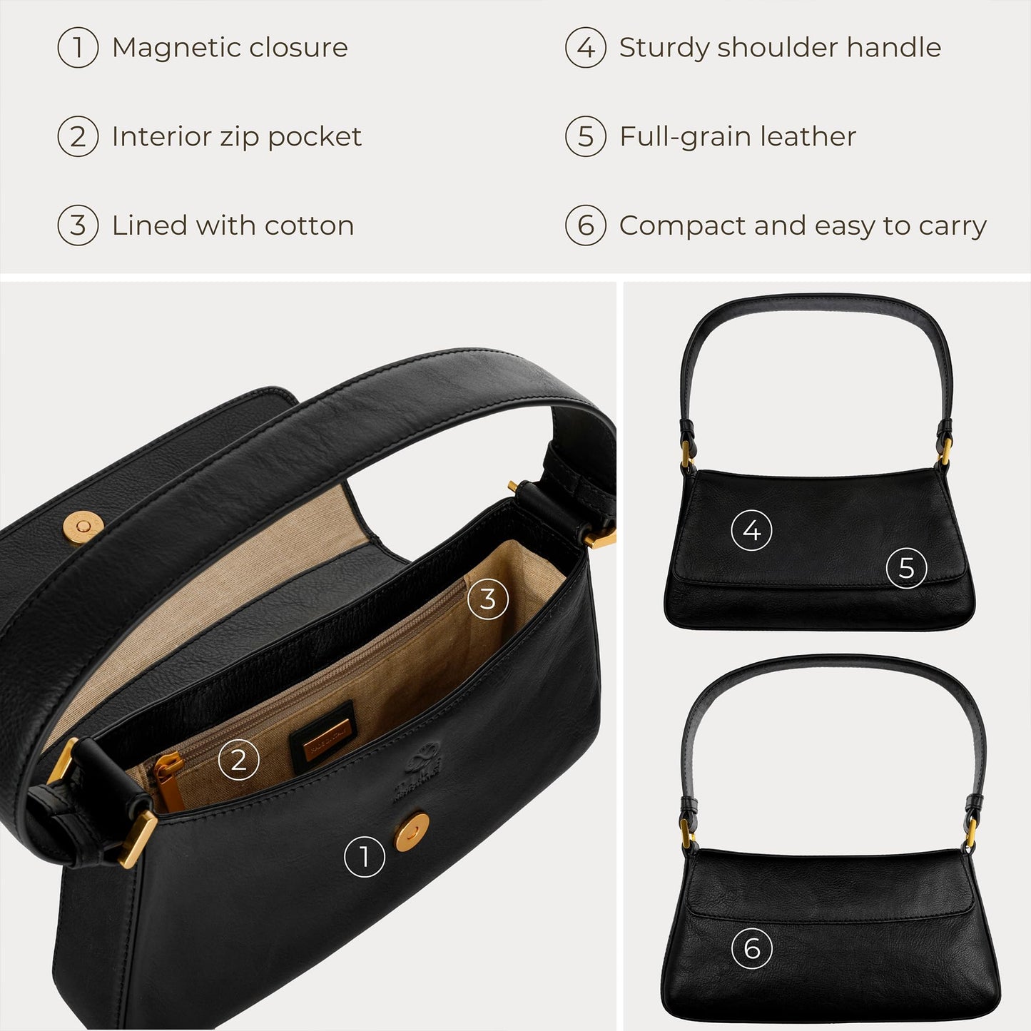 Time Resistance Leather Handbag - Full-Grain Leather Purse for Women - Shoulder Bag Made in Italy (Black)