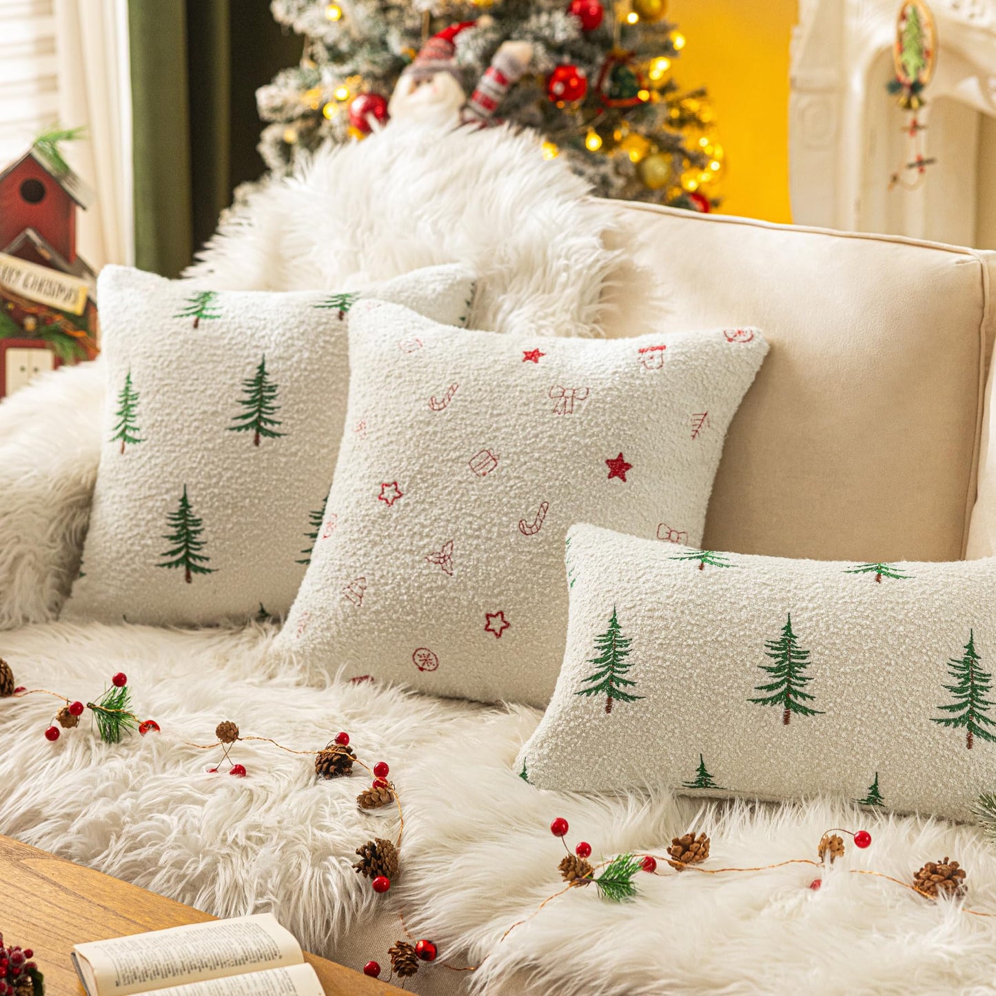 SINYASAN 1 Pack Christmas Tree Throw Pillow Covers 18"x18" White Boucle Pillow Cases with 3D Embroidery Decorative Holiday Winter Thanksgiving Decorations for Couch Sofa Living Room