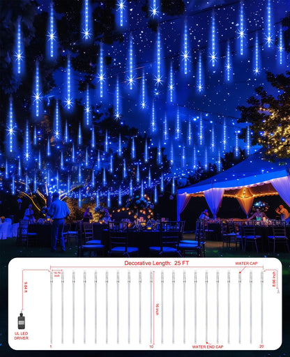 EAGWELL Christmas Lights Outdoor 16 Inch Meteor Shower Rain String Lighting, 20 Tube 960 LEDs Icicle Tree String Decor for Halloween Yard Party Patio Xmas Decoration,Blue