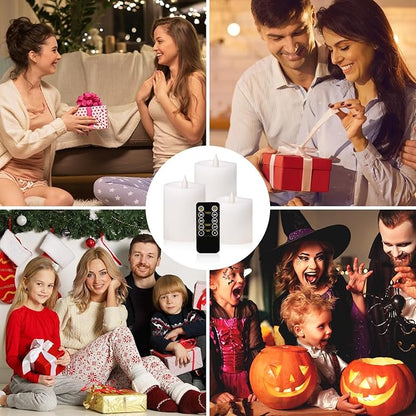 White Flameless Candles Set of 3 | 3 Diameter Realistic Flickering Pillars Candles (3/4/5 Heights) - Battery Operated with Remote Timer, Indoor/Outdoor Decor for Weddings, Fall & Cozy Home