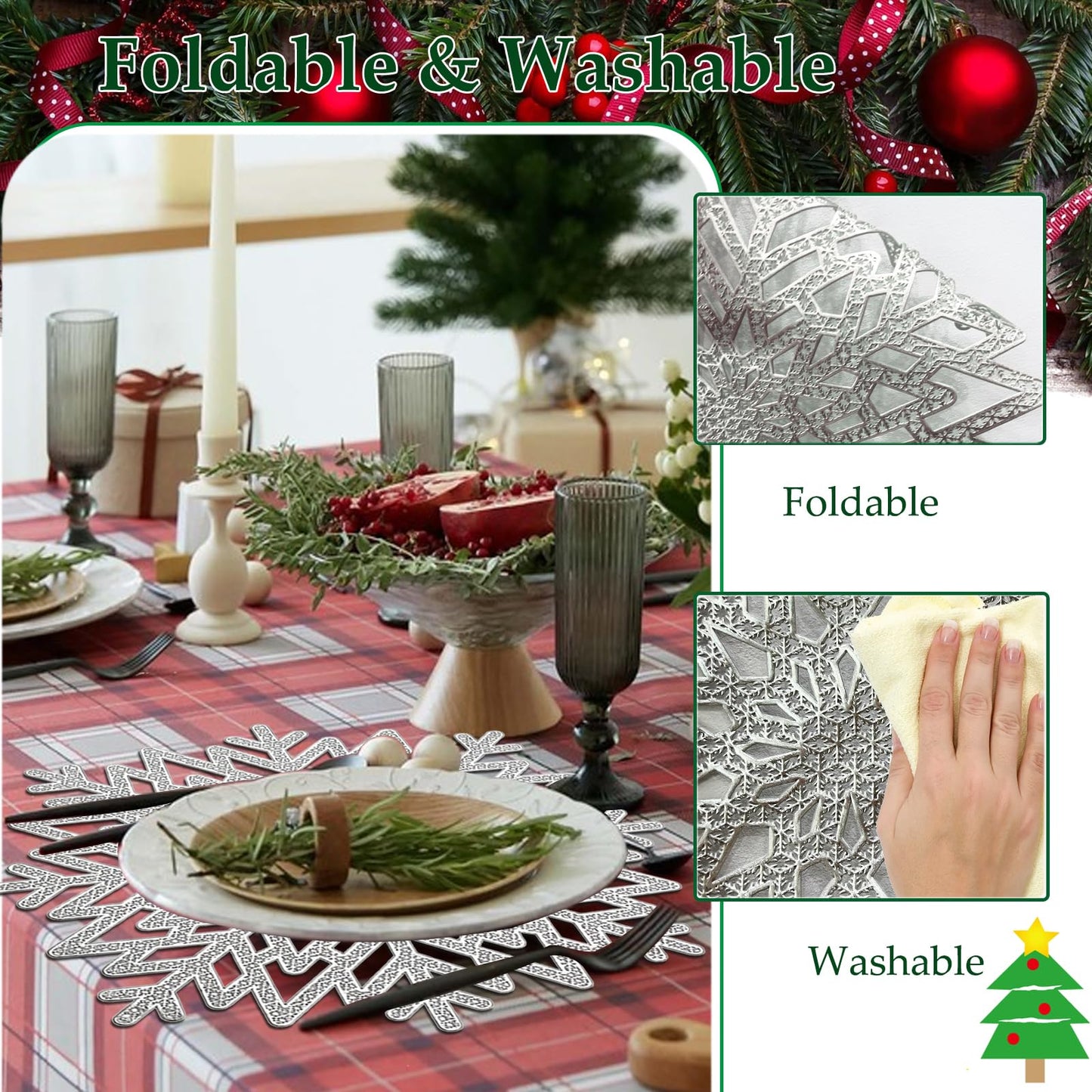 Snowflake Placemats Set of 6, Christmas Placemats Decorations Hollow Out Design Snowflake Table Mats Place Mats for Dining Table Setting Kitchen Table Mats Christmas Decoration(Silver Snowflake)