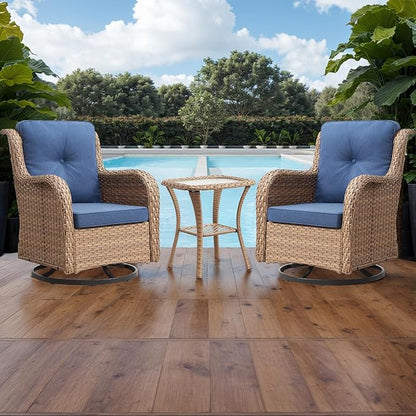 Rilyson Patio Chairs Rocking Swivel Chiar - 3 Piece Outdoor Wicker Patio Bistro Set Rattan Rocker Glider Chairs with High Back and Deep Seating for Outside Porch Deck Garden(Yellow/Blue)