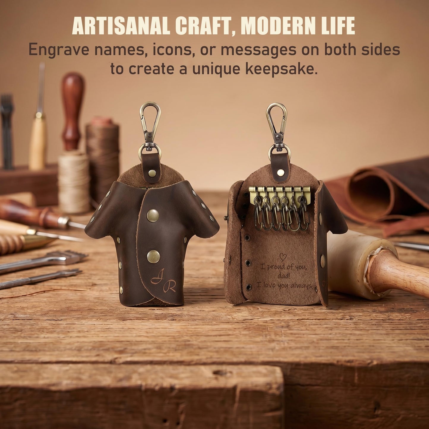 Gaosh Personalized Engraved Leather Key Case for Men, Crazy Horse Leather Key Pouch with Six Key Hooks, Snap Key Organizer with Belt Clip (Dark Brown)