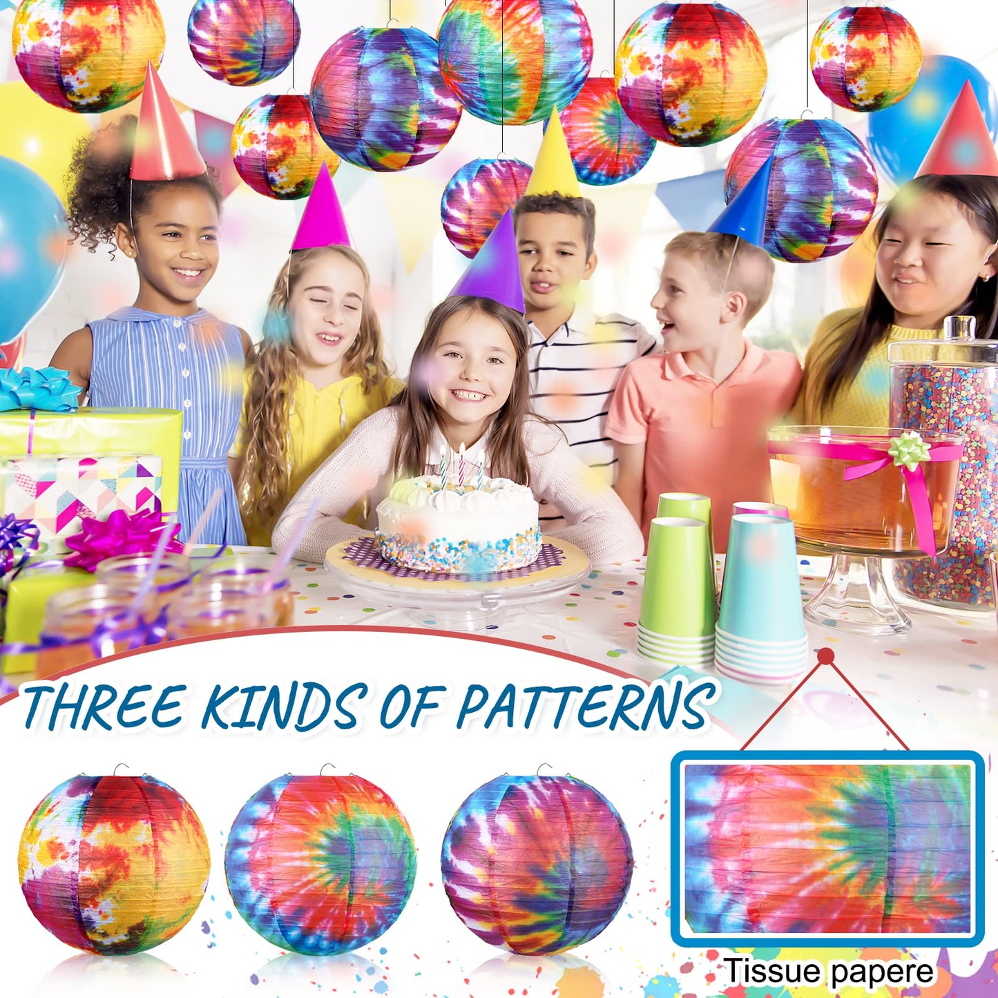 20 Pcs Tie Dyed Groovy Paper Lanterns Chinese Japanese Lanterns Groovy Party Decorations Tie Dye Party Supplies Classroom Hanging Ceiling Decorations for Home Decor Parties Weddings, 12 Inch, 6 Inch