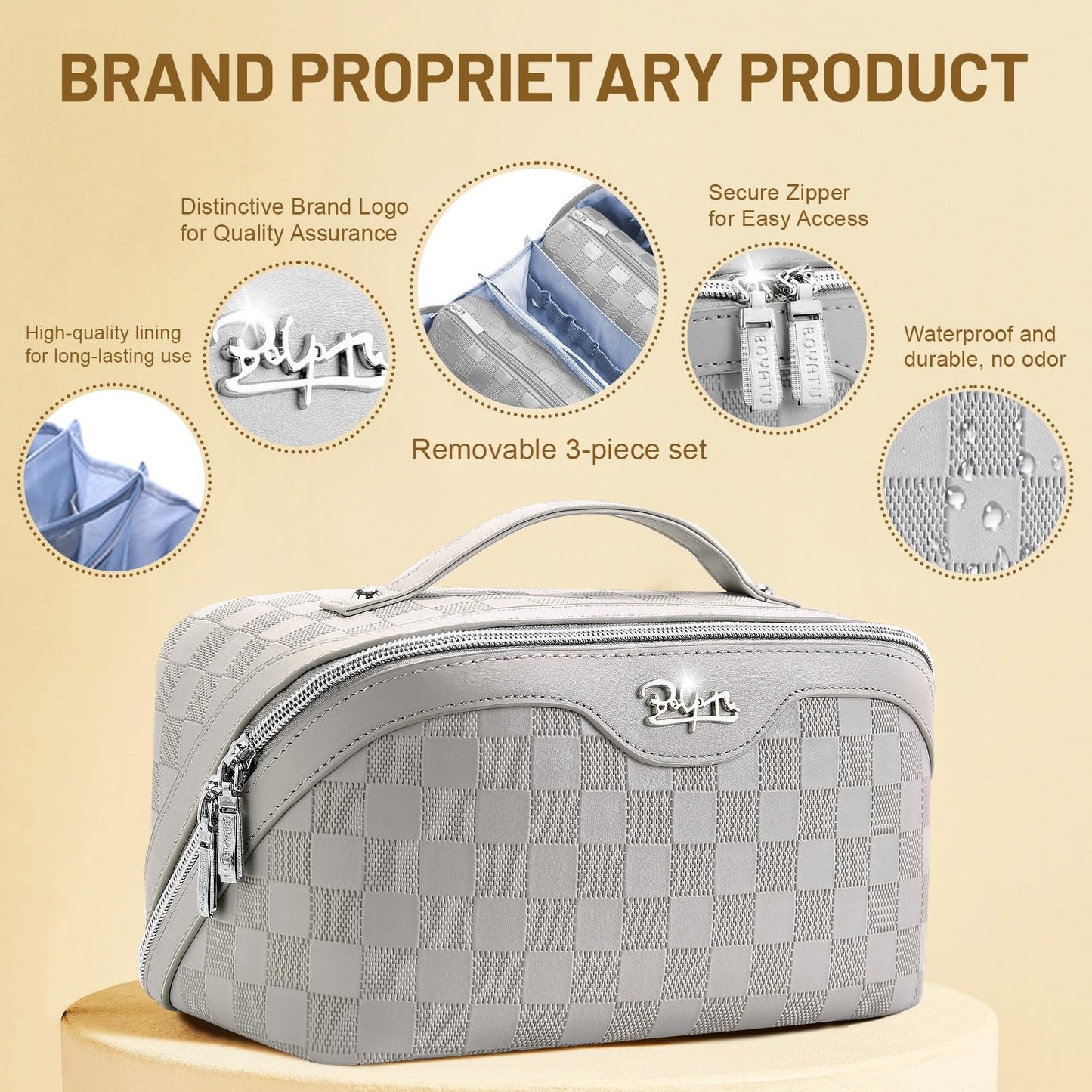 BOYATU Travel Makeup Bag Organizer: 3 Pcs Set Large Capacity Cosmetic Bags Holds 10–20 100ml Full-Size Bottles - 180°Open-Flat Make up Case 3-sec touch-up - Toiletry Bag Gift women (03-A-Gray)