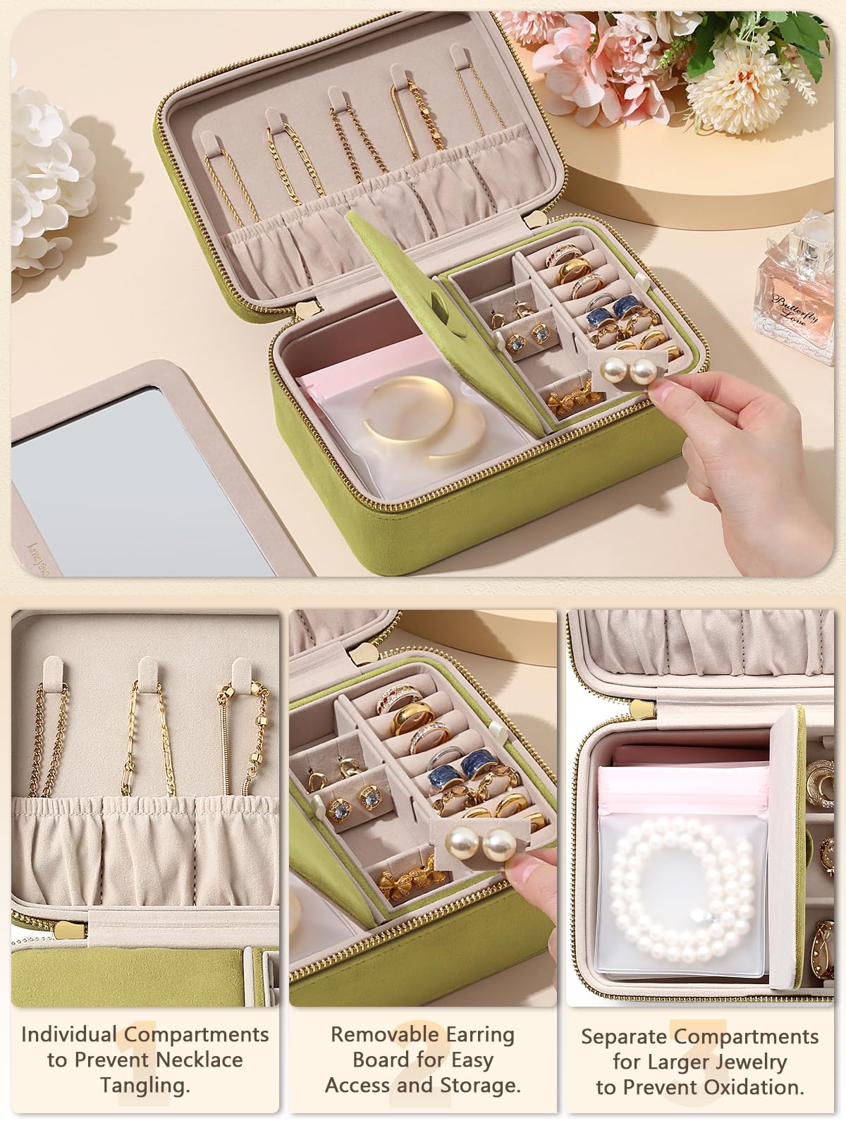 Lumayina Velvet Travel Jewelry Box with Large Mirror, Double-Layer Jewelry Organizer Case for Women and Girls, Portable Storage Case with 6 Anti-Tarnish Bags Gift Ready for Her (Avocado Green)