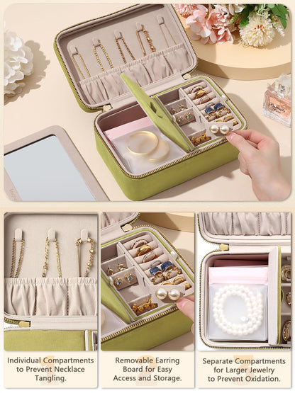 Lumayina Velvet Travel Jewelry Box with Large Mirror, Double-Layer Jewelry Organizer Case for Women and Girls, Portable Storage Case with 6 Anti-Tarnish Bags Gift Ready for Her (Avocado Green)