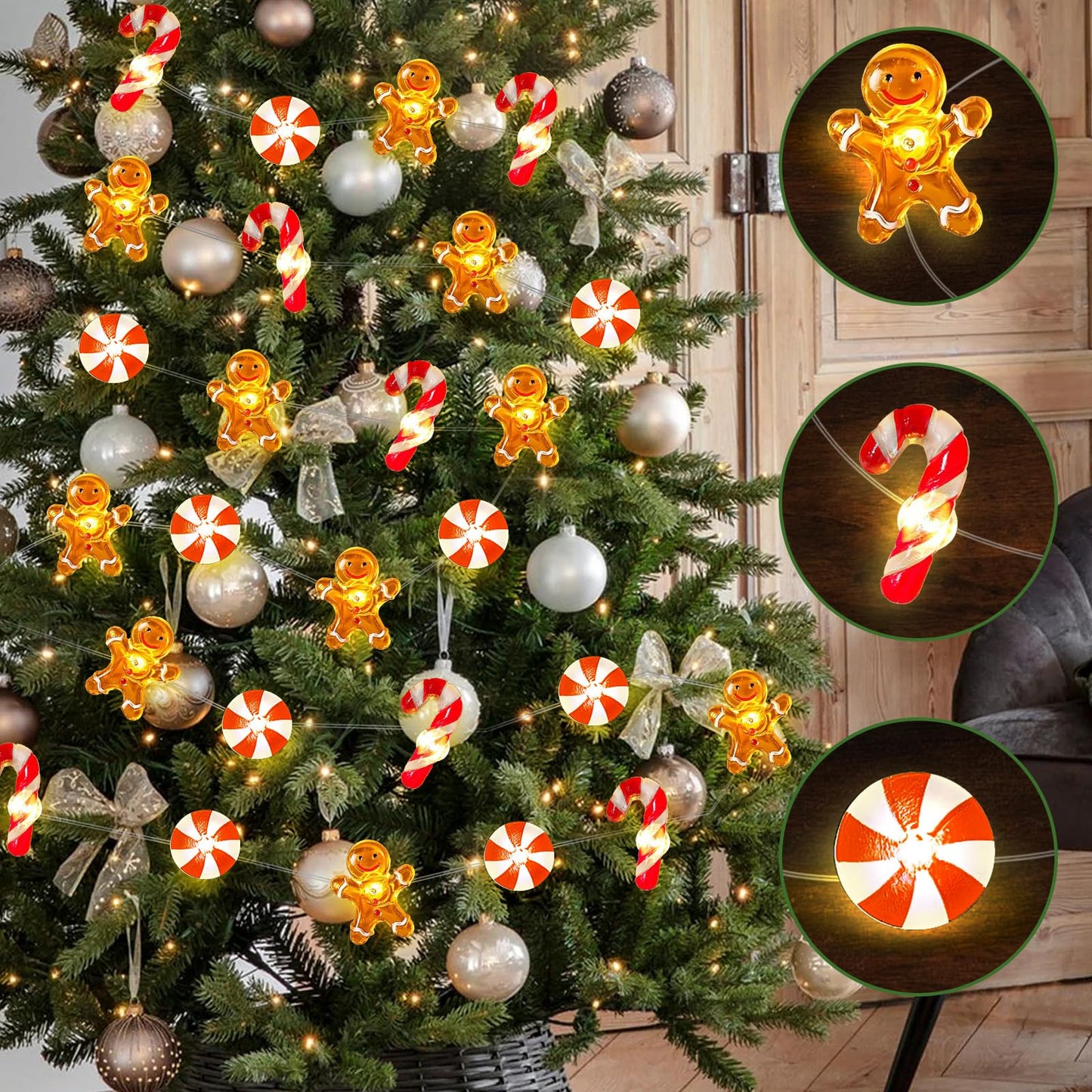 CRAFLOX [Timer Christmas Gingerbread Decorations, 16Ft 40LED Candy Cane Christmas Fairy Lights Battery Operated, Xmas Gingerbread Man String Lights Decorations Indoor Holiday Party Tree Decor