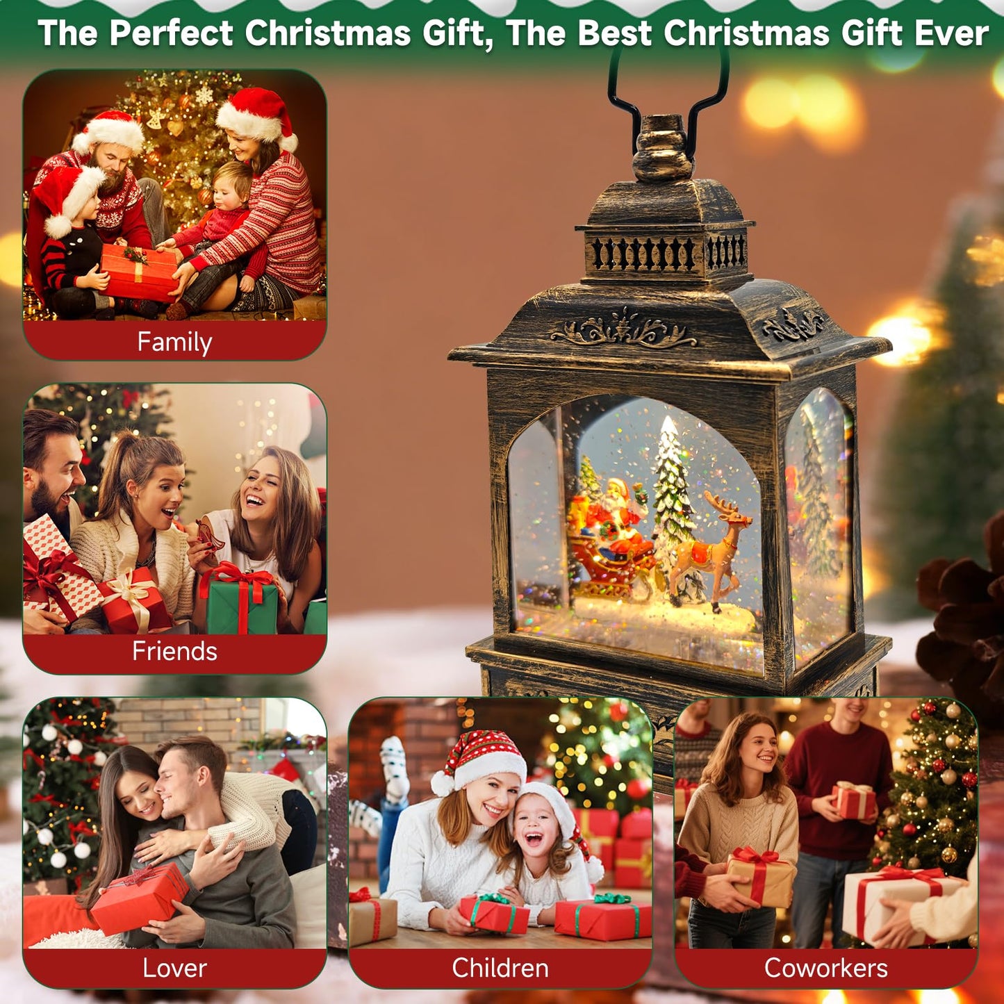 Christmas Snow Globes Lantern Water Swirling Glitter,with Santa Claus Projection/Auto 6H Timer/Music,Christmas Decorations Indoor Festival Home for Tabletop,USB/Battery Operated-Gifts for Kids Adults