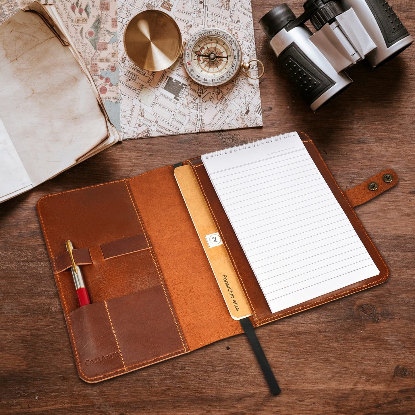 CestAntiQ Rustic Leather Journal Cover | Handmade 6x9 Spiral Steno Pad Holder | Full-Grain Top-Bound Notebook Sleeve & Refillable Cahier Cover (Brown)