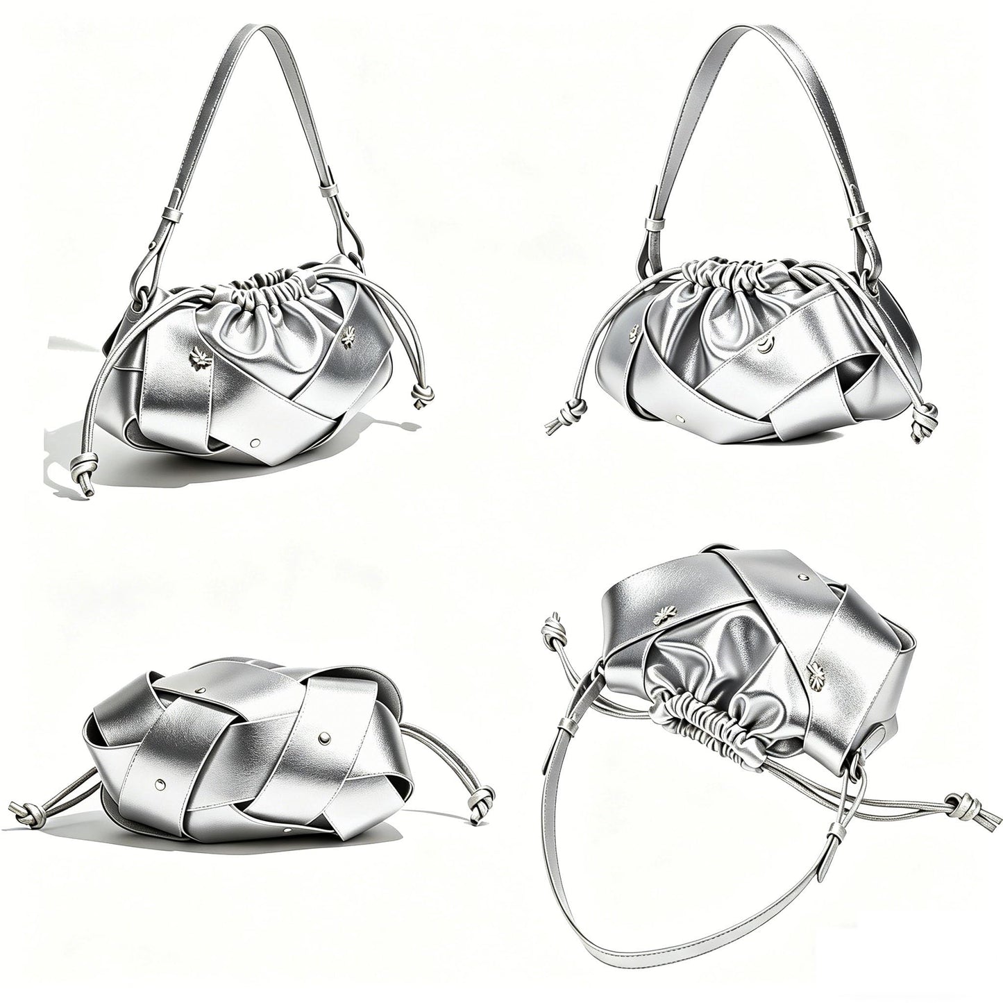 Ophlid Gold Drawstring Bag for Women Evening Bucket Purse Woven Pu Leather Hobo Handbag Cloud Clutch Purse Silver