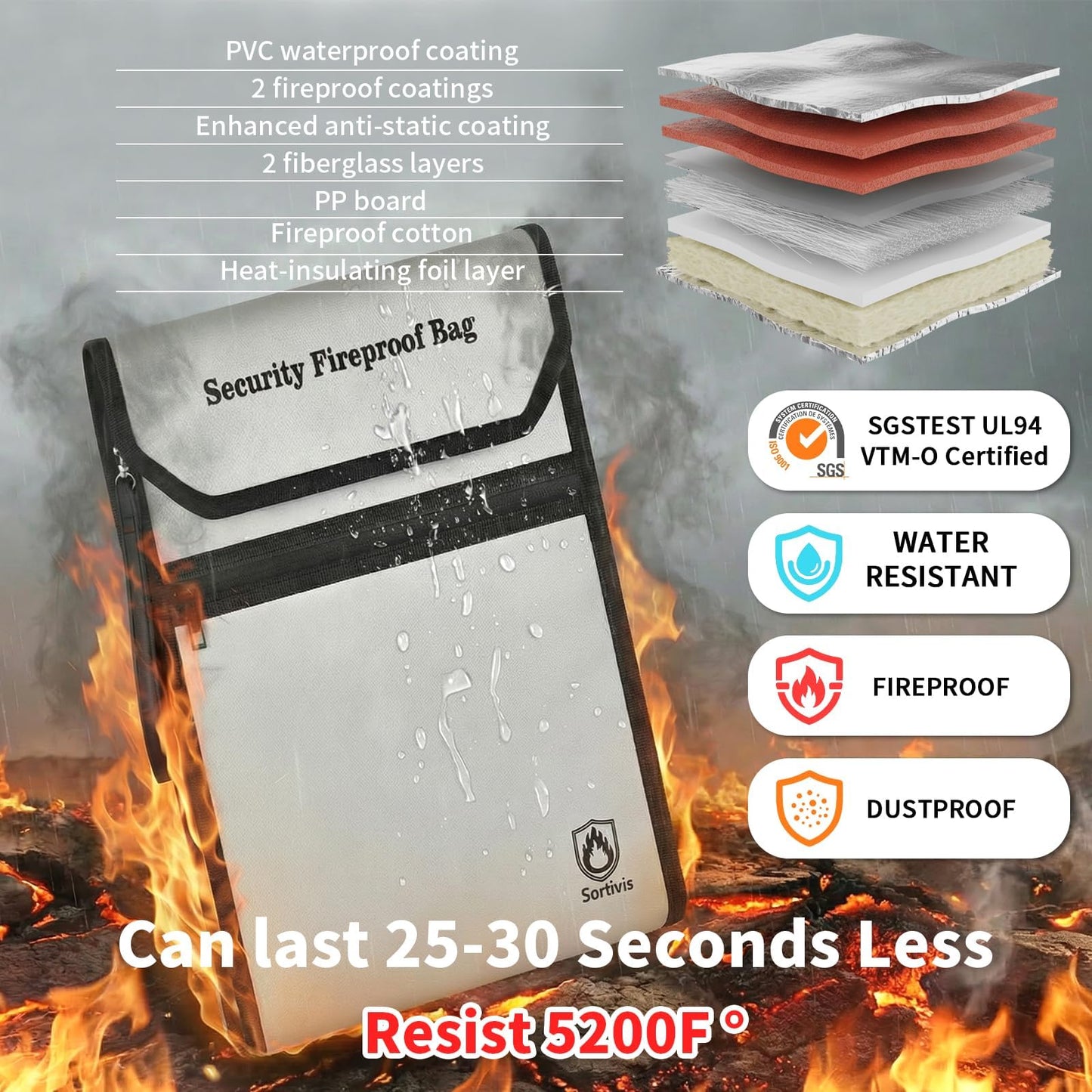 Sortivis Expandable Fireproof Document Bag for Important Documents, Vertical File Organizer with Front Pocket, Water-Resistant Document Holder for Passport, Certificates, Legal Papers & Tablet (Case)