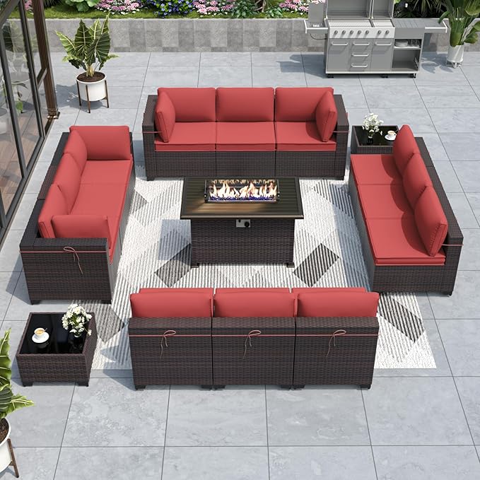 ALAULM 15 Pieces Outdoor Patio Furniture Set with Propane Fire Pit Table Outdoor Sectional Sofa Sets Patio Furniture 43" Gas Fire Pit Brown PE Rattan Patio Conversation Set w/12 Cushions-Red