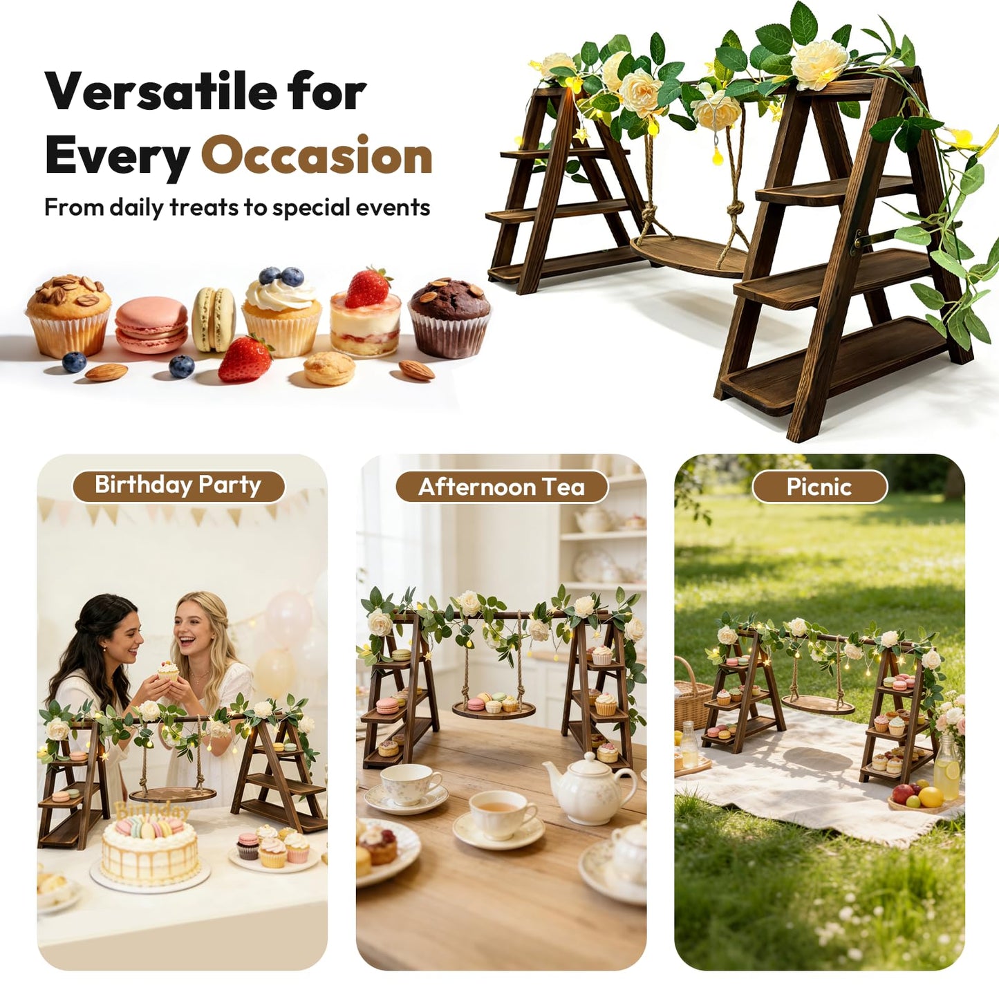 LIOIFIR Wooden 3 Tier Cupcake Stand with Swing, Star String Lights & Champagne Flower Vine, Rustic Dessert Table Display Set, Tiered Food Serving Tray for Party, Wedding, Catering Centerpieces