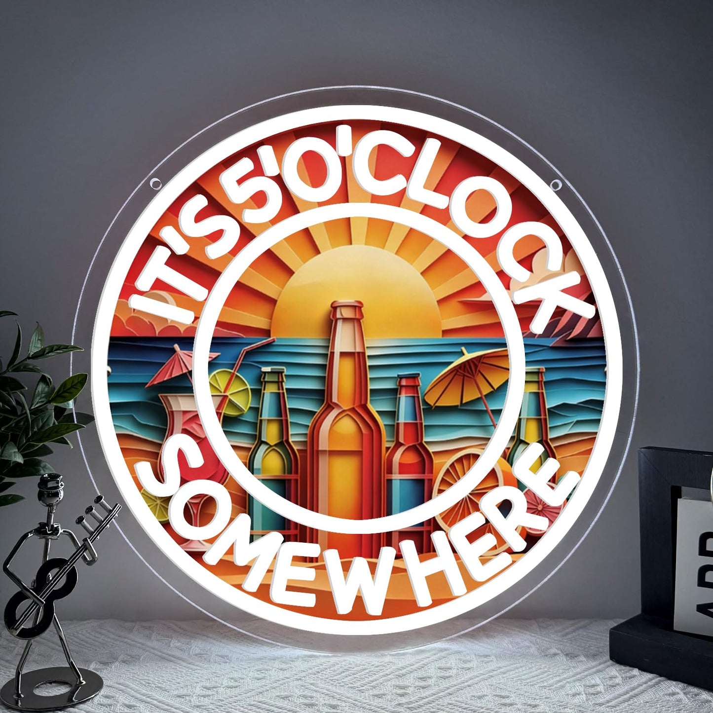 WanXuNEON Its 5 00 O'clock Some Where Neon Signs for Wall Decor,Beer Neon Led Sign for Palm Tree Sunset Beach Bar Man Cave Garage Neon Light Five Oclock Somewhere Sign.