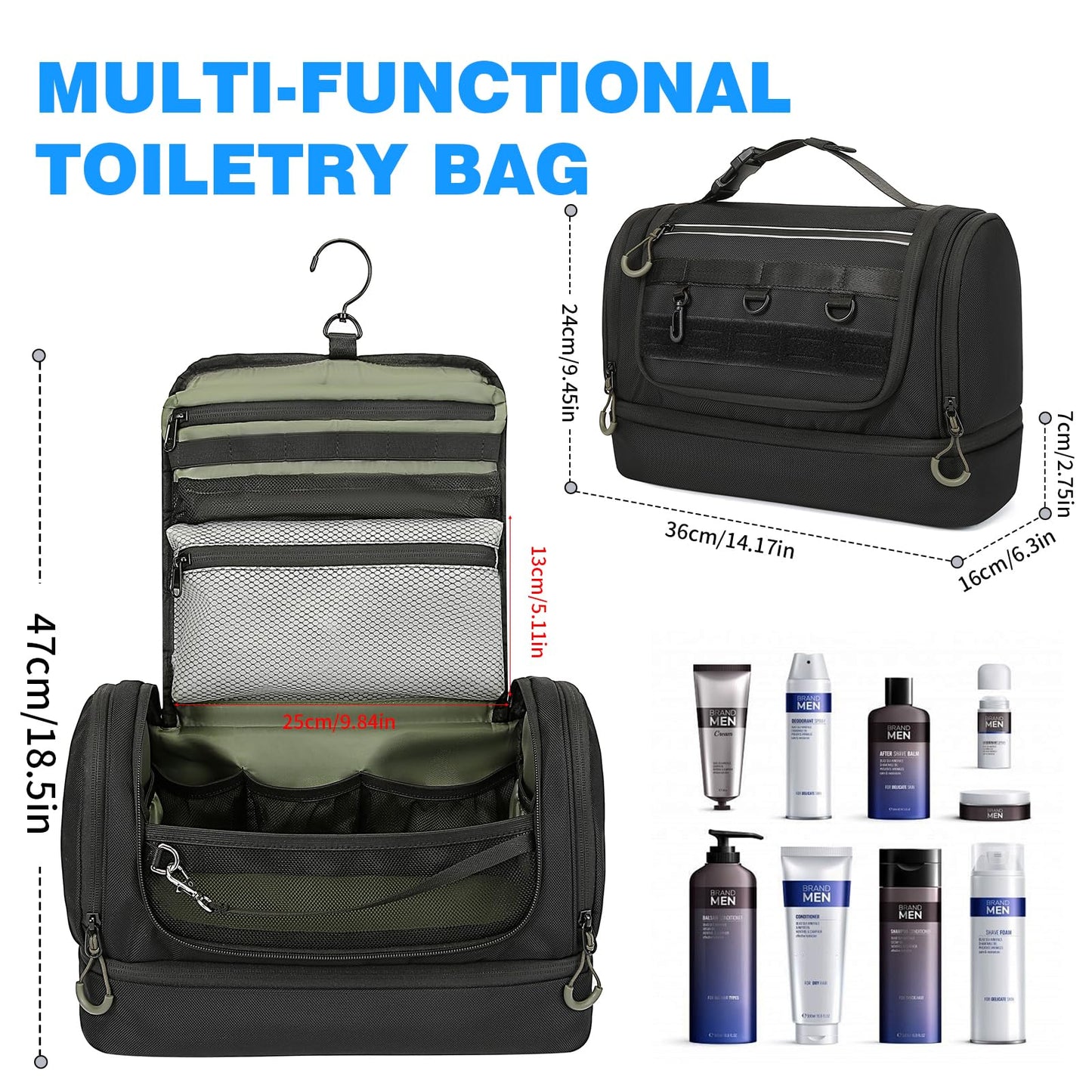 TANGCORLE Toiletry Bag for Men, Handing Travel Toiletry Organizer Protable Water Ressistant Bathroom Shaving Bags for Toiletry Accessories, Travel Essentials, Black(Empty Bag)