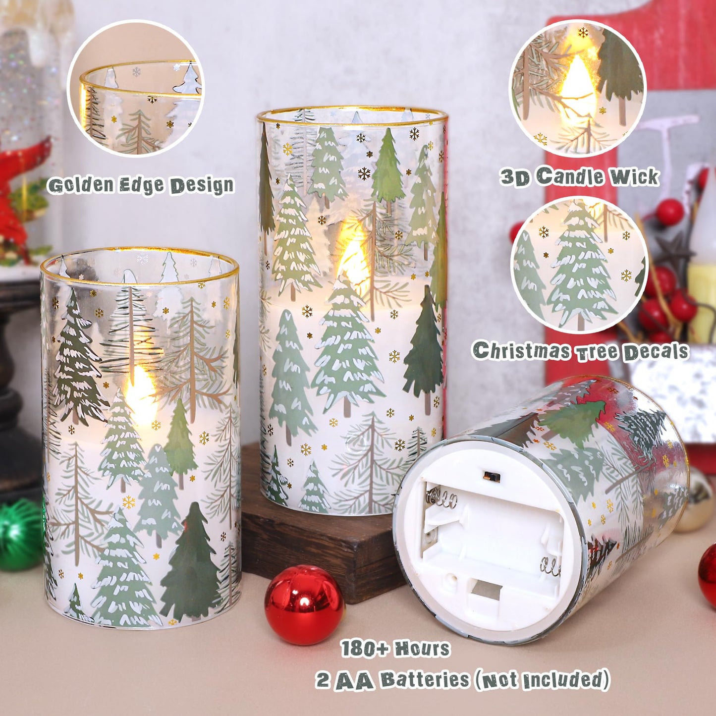 Impress Life Christmas Tree Glass Flameless Candles with Remote Battery Operated 3D Flickering LED Pillar Candles for Xmas Gift Holiday Decor, Set of 3