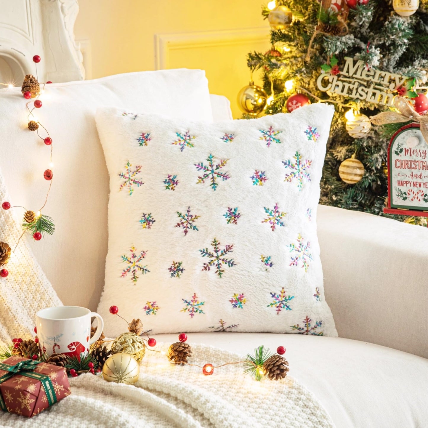 AQOTHES Pack of 2 Faux Fur Fuzzy Christmas Decorative Throw Pillows Covers Soft Plush with Snowflake Sequins Glitter Cushion Covers for Couch Sofa Bed Room Decor, Ivory,18 x 18 Inch