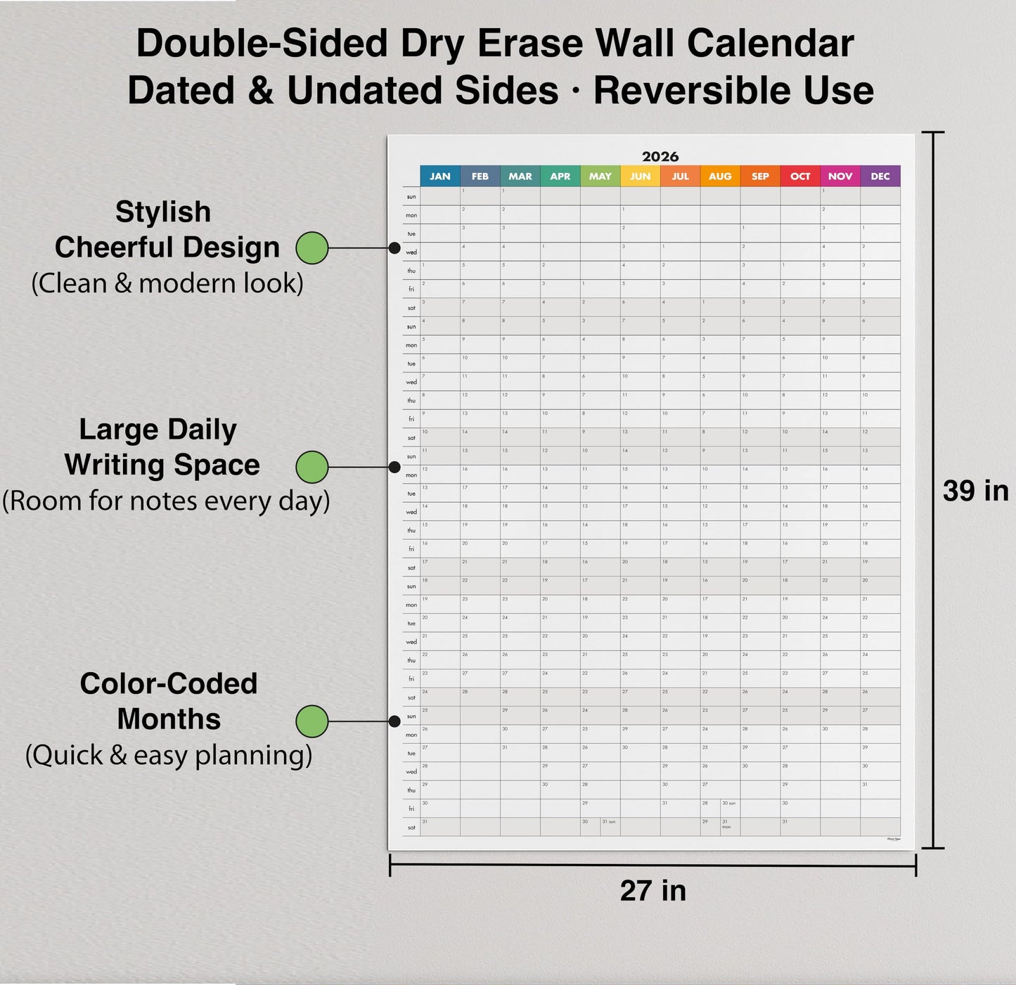 Dry Erase Wall Planner (27×39 in) – Double-Sided Reusable Yearly Planner with Undated Planning Board & 2026 Calendar Reference, Large Laminated Write & Wipe Wall Calendar for Home, Office, Classroom— Rolled Poster.