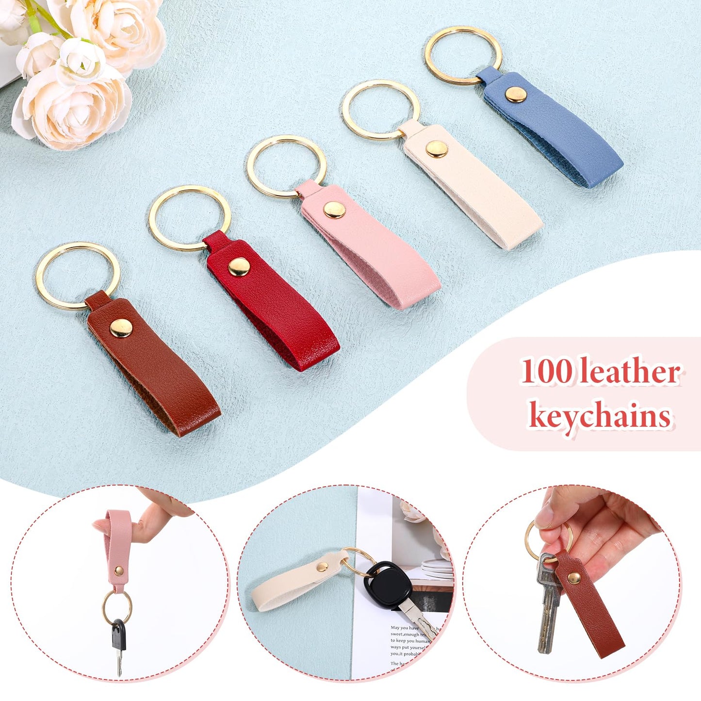 YQQYG 100 Pcs Leather Keychain Blanks Bulk for DIY Crafting, PU Leather Keychains with Metal Rings & Rivets for Engraving, Multicolor Key Chains Bulk