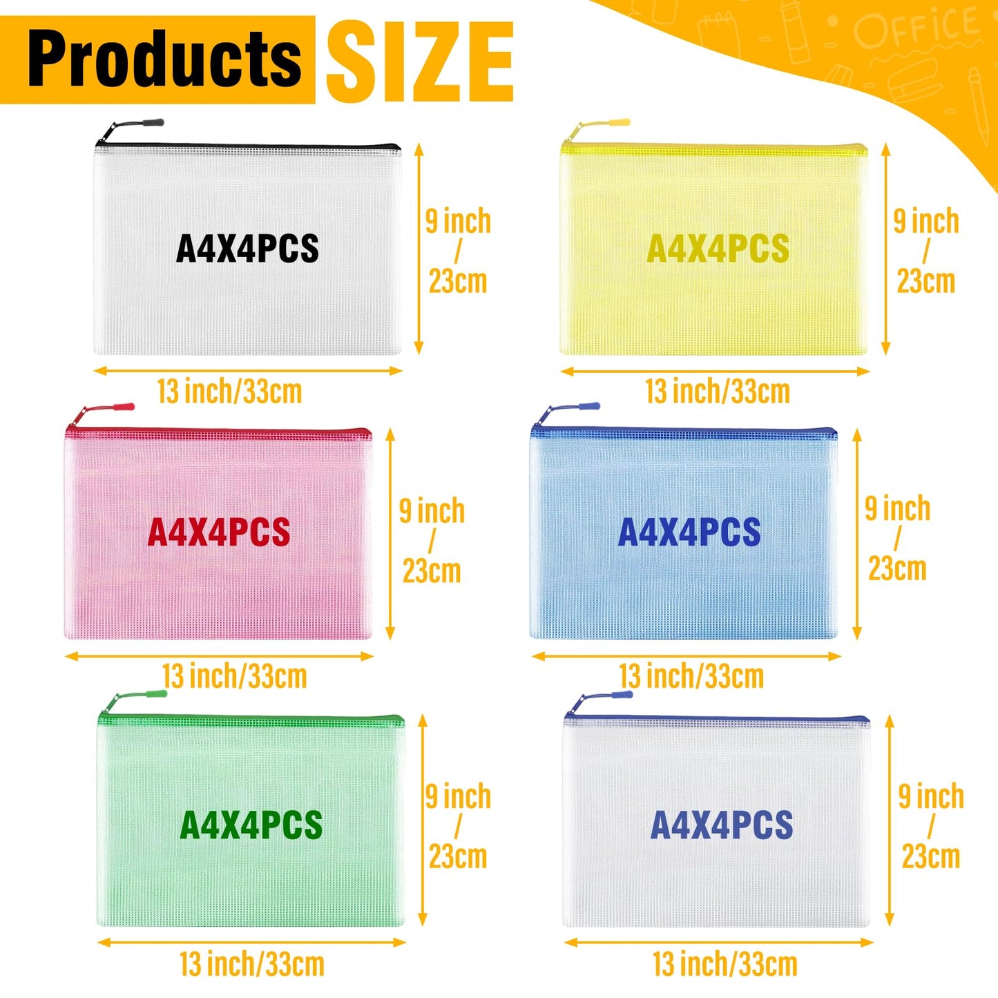 24pcs Mesh Zipper Pouch Bags A4 Zipper Bags for Classroom Organization, Waterproof Document Zipper Pouches for Cosmetics, Travel Storage File Bags for Office Supplie
