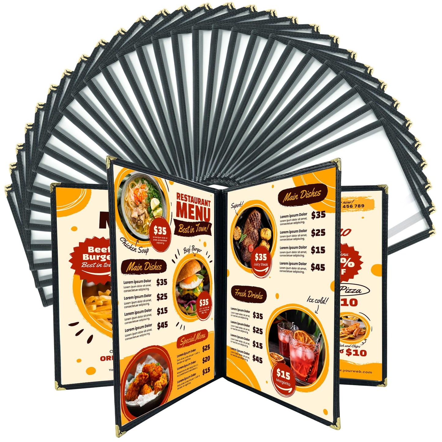 FLKQC Menu Covers 8.5 x 11 | Pack of 30 Restaurant Recipe Menu Covers Transparent Restaurant Menu Covers for Kitchen, Drink, Wine Menu Covers Black (8.5"x 11" (4 Pages, 8 View))
