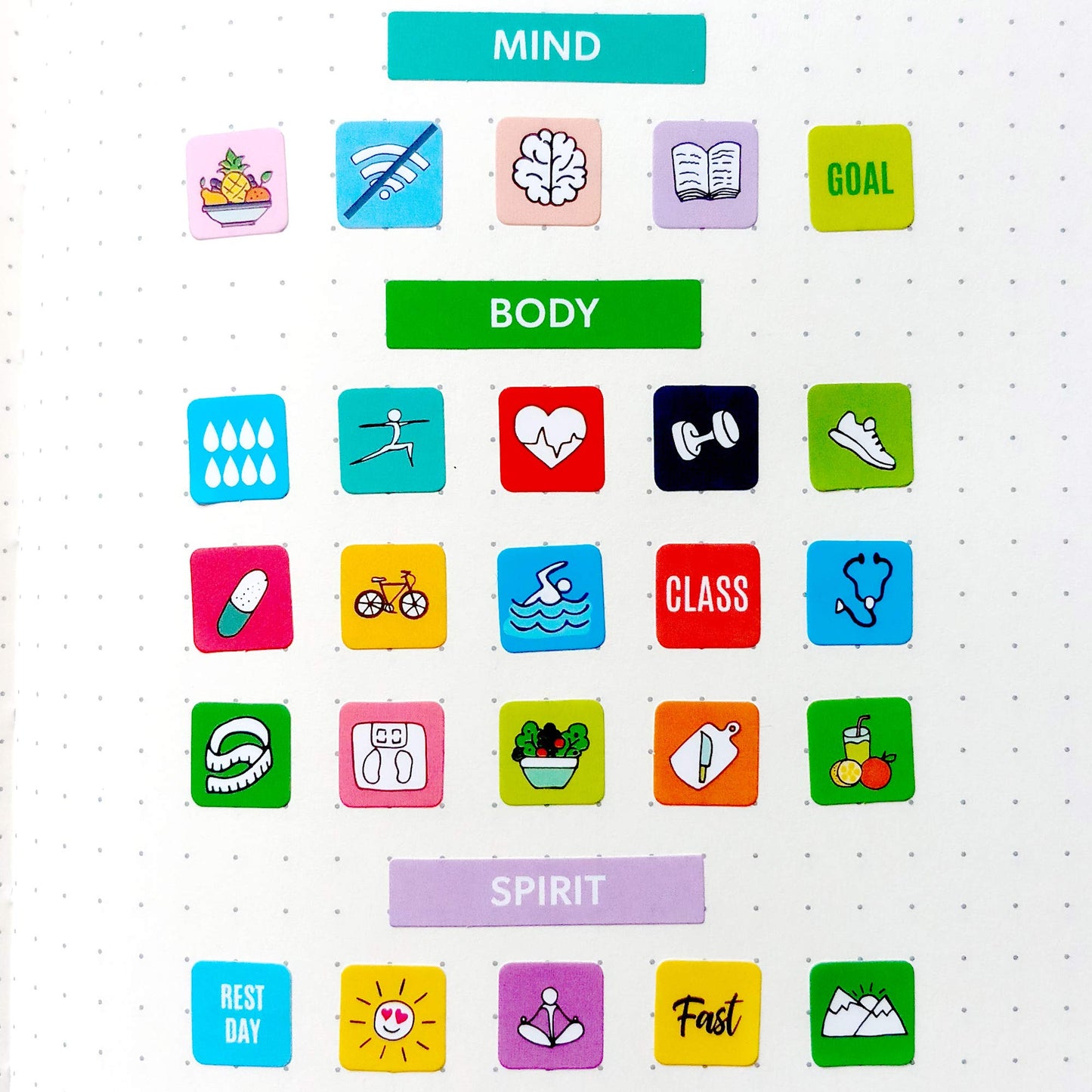 Mirida Planner Stickers - Fitness Pack of 2076 Mini Icons for Workout, Healthy Diet, Gym Exercise, and Habits - for Calendar and Journal