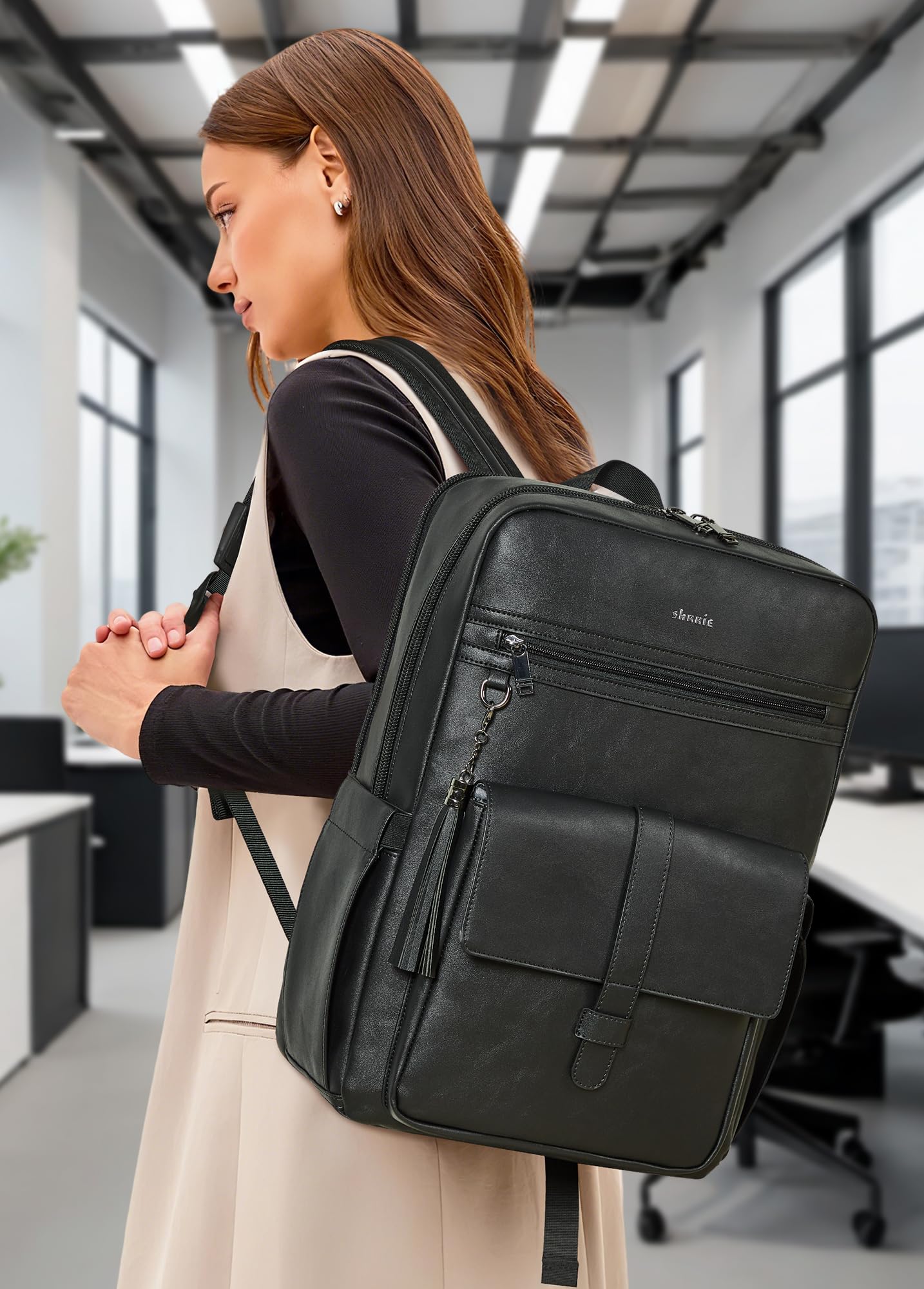 Shrrie 16 inch Vegan Leather Laptop Backpack with USB Charger,Smart Computer Backpack for Men and Women Business,Work,Office,College