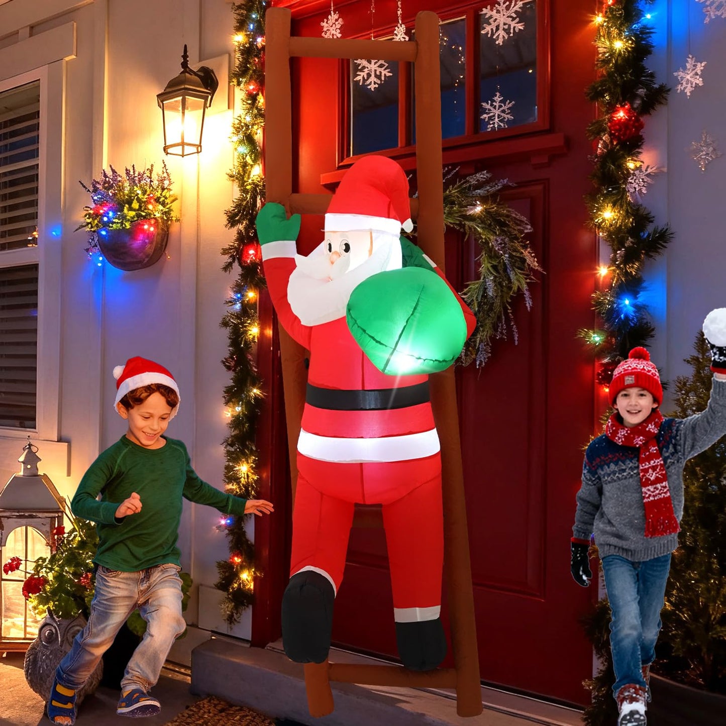 InfleasJoiy 8FT Santa Claus Climbing on Ladder Christmas Decoration with Built-in LED Lights, Christmas Outdoor Inflatable Decoration for Lawn, Yard, Garden, Patio