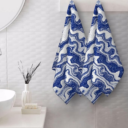Dark Blue White Waves Striped Hand Towels Bathroom Sets of 2 Modern Abstract Beach Ocean Themed Navy Bath Hand Towels for Bathroom Swim Yoga Spa Home Decorative Gifts 14x28 Inch
