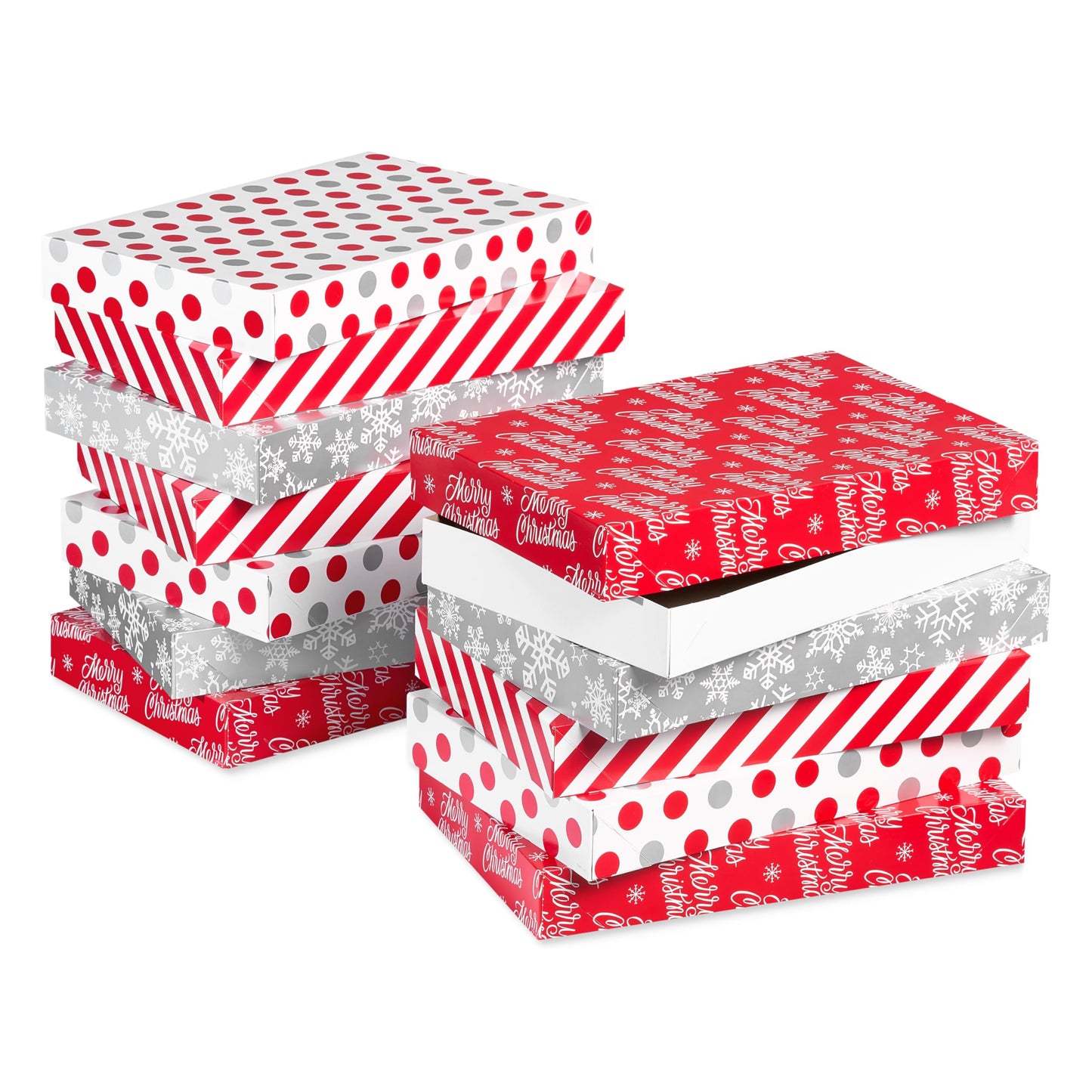 American Greetings Christmas Gift Boxes, Red, White and Silver Christmas Patterns (12-Boxes, 14.75 in. x 9.5 in.)