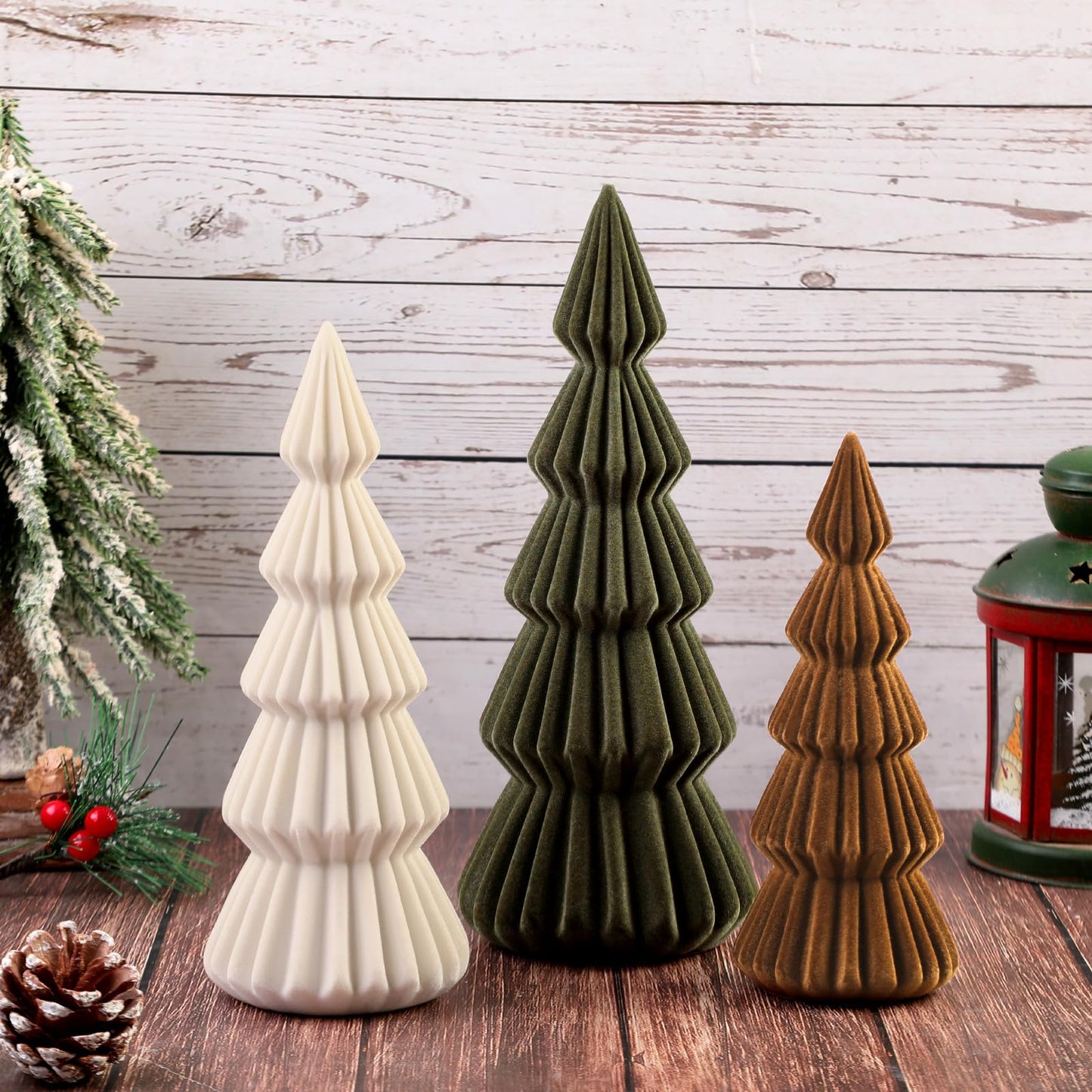 Relaxgiant Set of 3 Velvet Ceramic Christmas Trees Decoration Large Modern Velvet Cone Christmas Tree Figurine Decor Holiday Xmas Winter Indoor Home Tabletop Mantel Centerpiece(Green, Beige, Brown)