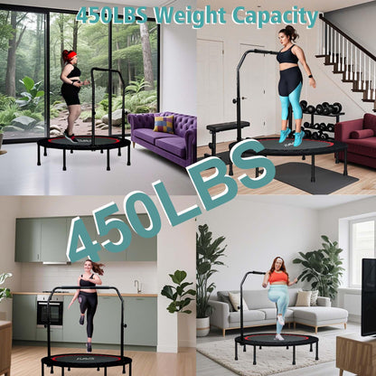 RAVS Mini Trampoline for Kids Adults 40"/48" Foldable Fitness Rebounder Kids Trampoline with 5 Levels Height Adjustable Handle Resistance Bands Indoor Workout