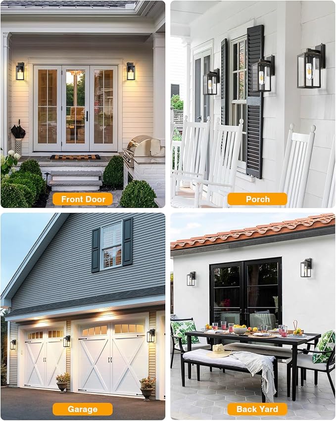 VIANIS 2 Packs Black Gold Outdoor Lights, Anti-Rust Porch Light Wall Mount, Waterproof Garage Light Lantern with Clear Glass, UL Listed Black Lights Sconce for House, Patio, Front Door