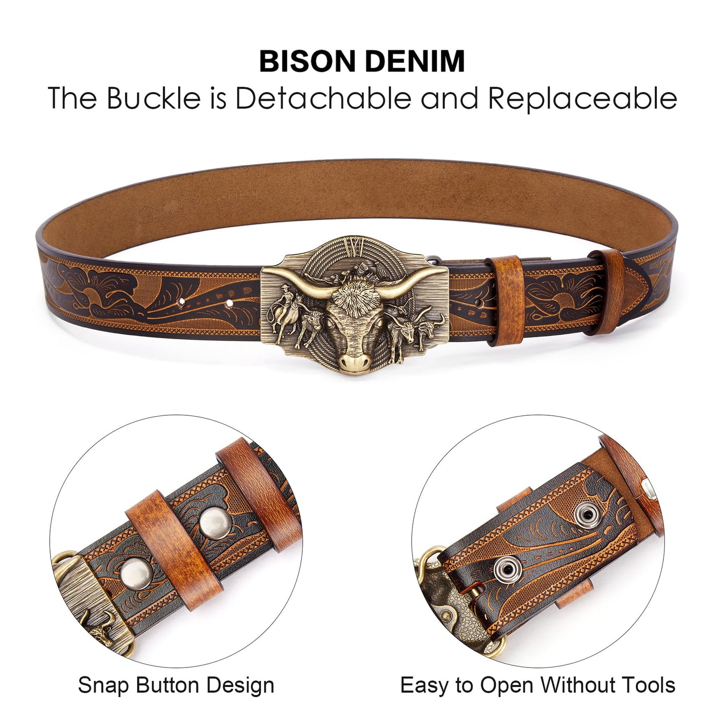 BISON DENIM Western Leather Belt for Men Women Cowboy Cowgirl Mens Buckle Belt for Jeans, Country Belt, Ideal Men's Gifts