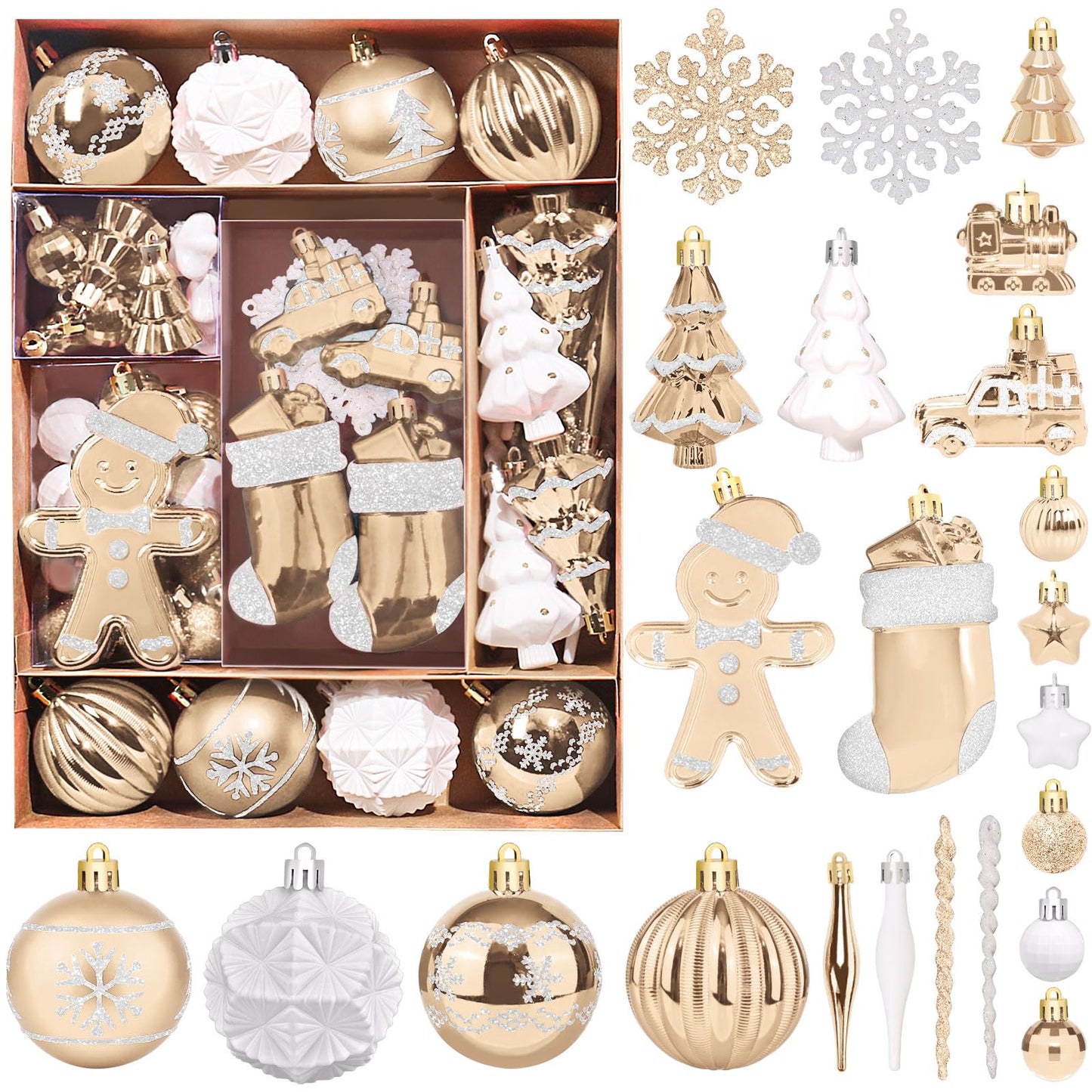 FestiveBliss Christmas Ornaments 71 Count, Christmas Decorations for Tree, 23, Shatterproof Champagne & White Ornaments Christmas
