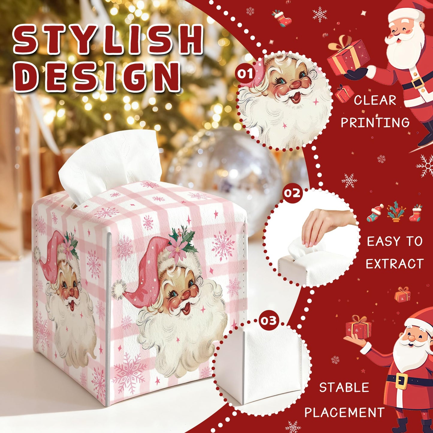 Christmas Box Cover Square, Santa Claus Pink Checkered Decorative Tissue Box Holder, Waterproof Leather Tissues Boxes Dispenser for Bathroom, Office, Car, Bedroom Nightstand, Home Decor