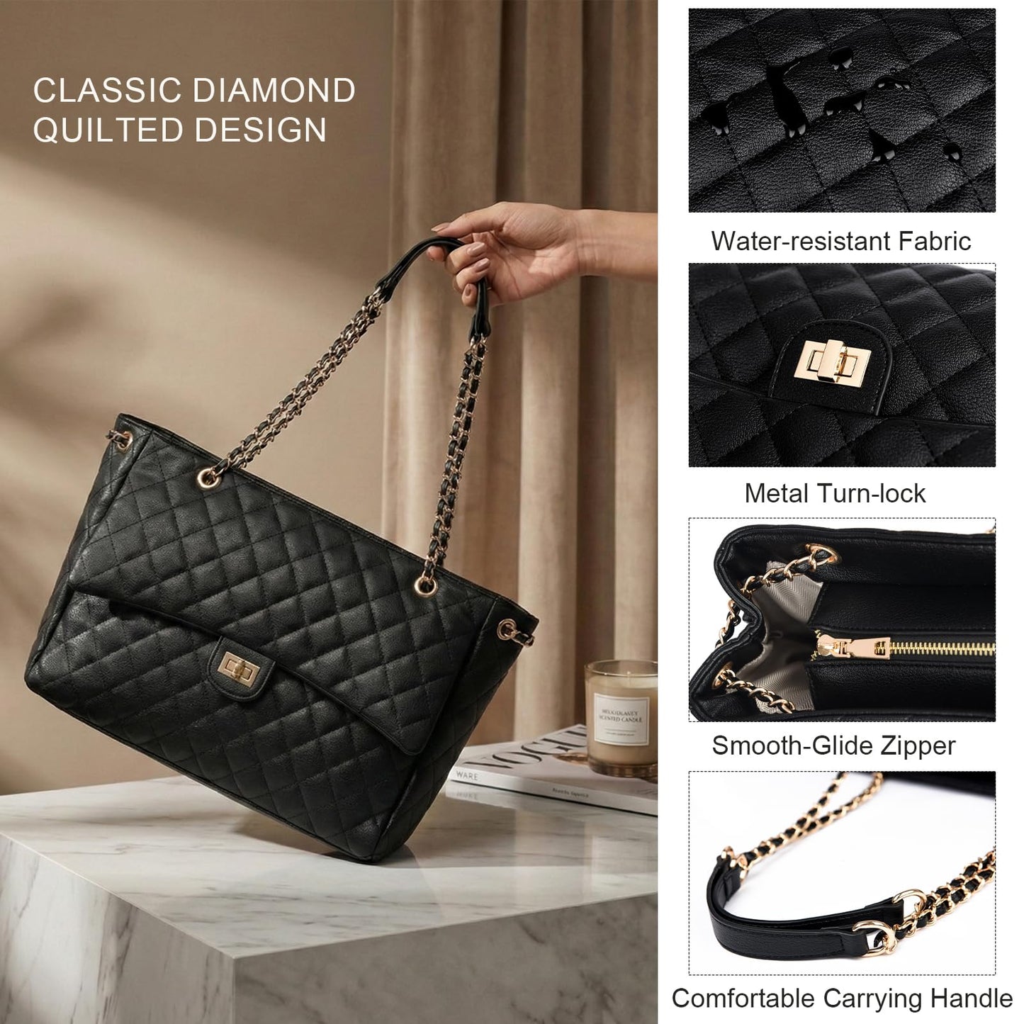 Eslcorri Quilted Satchel Tote Bag for Women, Elegant Leather Shoulder Handbag with Chain Strap and Twist-Lock, Classic Designer Crossbody Purse for Work, Travel, Dating & Evening Out, Brown