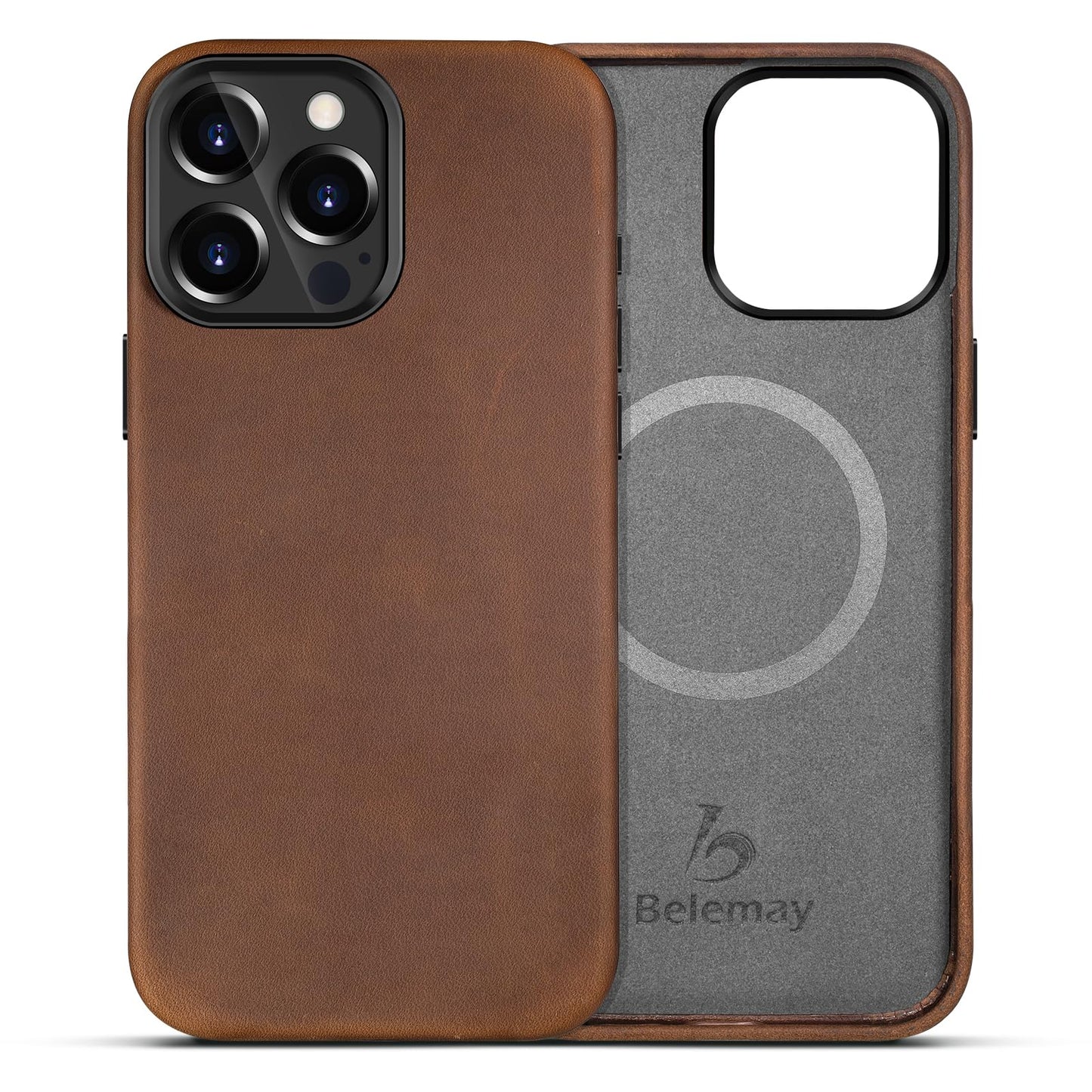 Belemay Compatible with iPhone 15 Pro Leather Case Magsafe - Top Grain Vintage Crazy Horse Leather - Metal Buttons & Camera Bezel Bump - Slim Fit & Soft - Premium Phone Cover (6.1-inch) Retro Brown