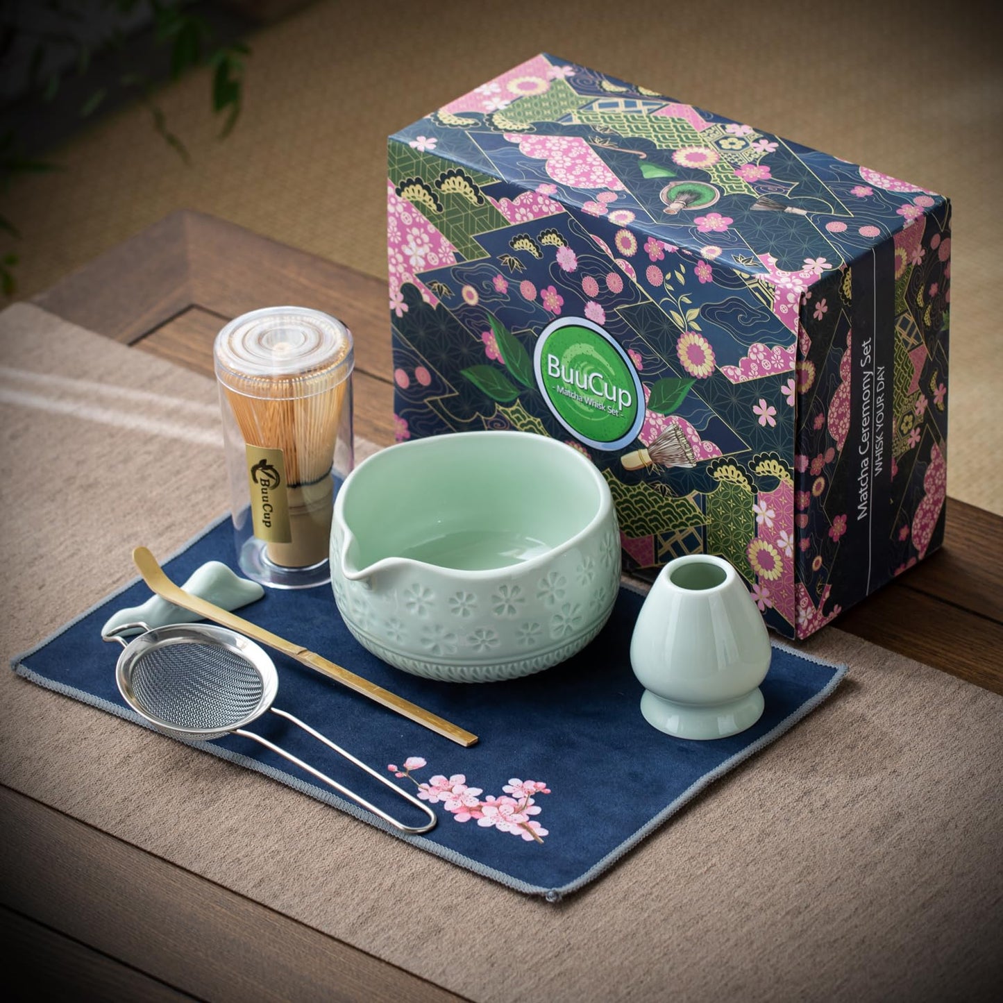 Buucup Matcha Whisk Set, Ceramic Matcha Kit Set Includes Matcha Bowl, Matcha Whisk and Holder, Bamboo Scoop, Scoop Rest, Sifter and Tea Towel - 7 Pcs Matcha Kit for Matcha Lovers (Mint)